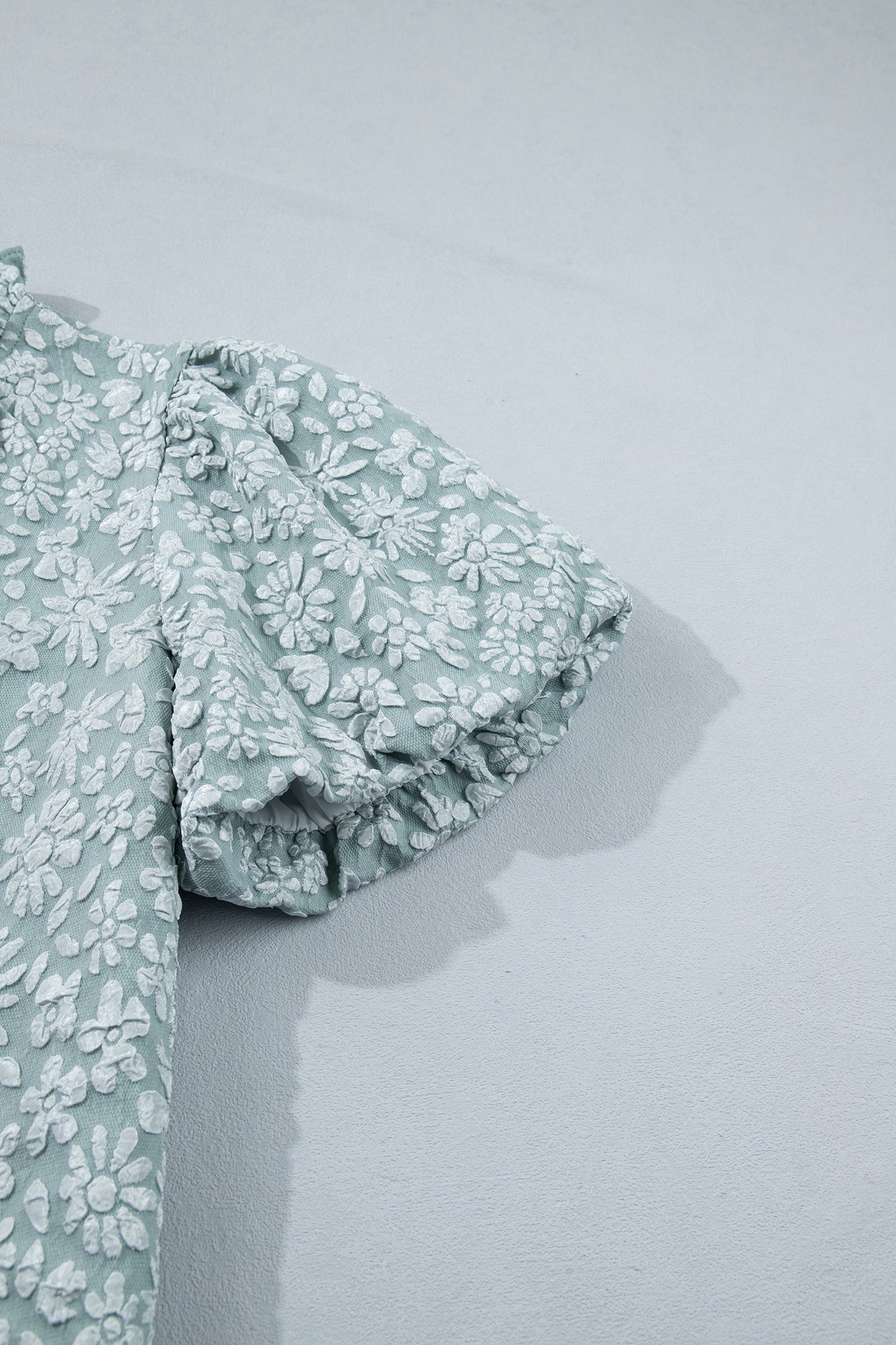 Iceland Blue Floral Textured Jacquard Puff Sleeve Blouse