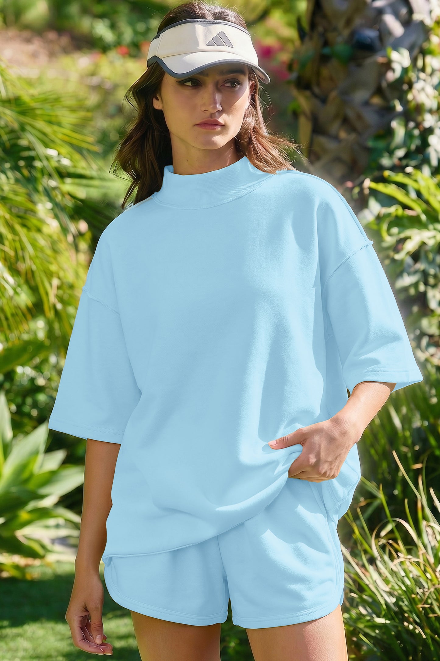 Yellow Cream Solid Color Exposed Seam Mock Neck Oversize Tee Casual Shorts 2pcs Outfit
