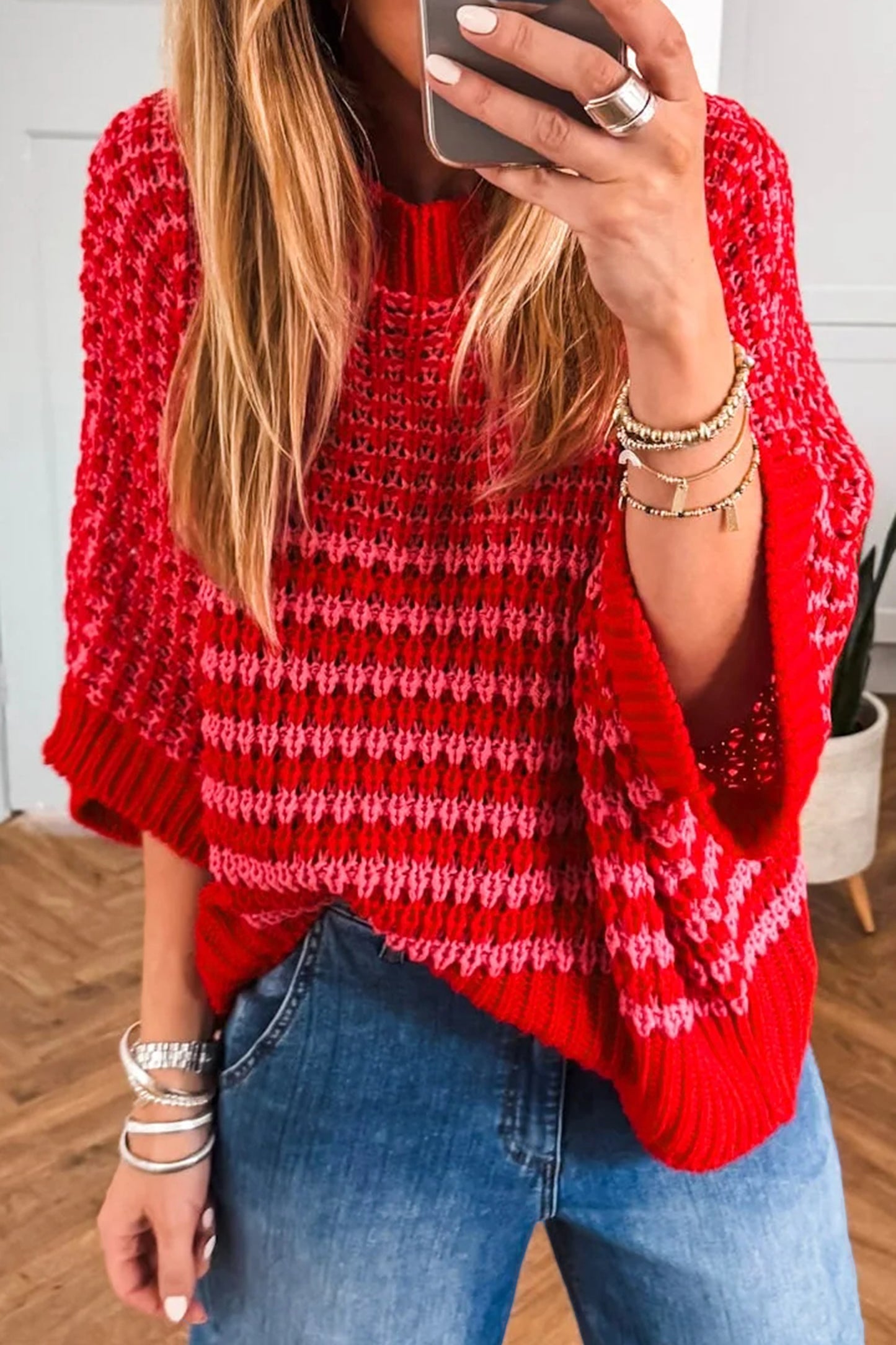 Green Stripe 3/4 Draped Sleeve Slouchy Sweater