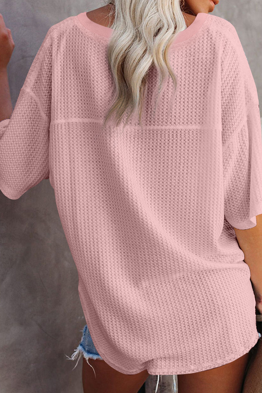 Black Waffle Texture Ribbed V Neck Drop Shoulder Loose Tee