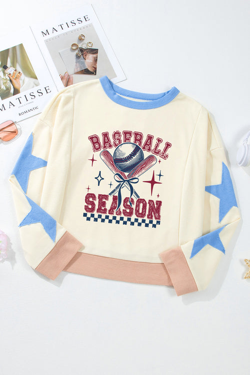 Beige BASEBALL SEASON Graphic Star Patched Game Day Sweatshirt