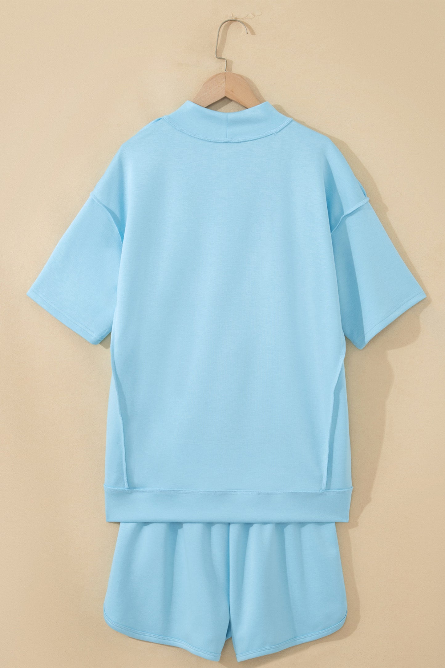 Yellow Cream Solid Color Exposed Seam Mock Neck Oversize Tee Casual Shorts 2pcs Outfit