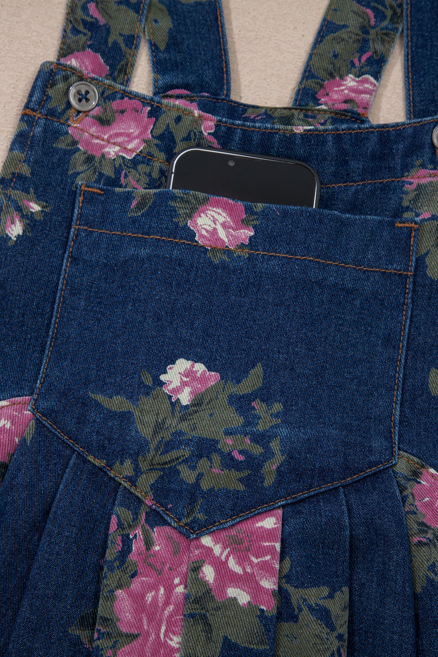 Gray Beau Floral Print Pleated High Waist Wide Leg Denim Jumpsuit