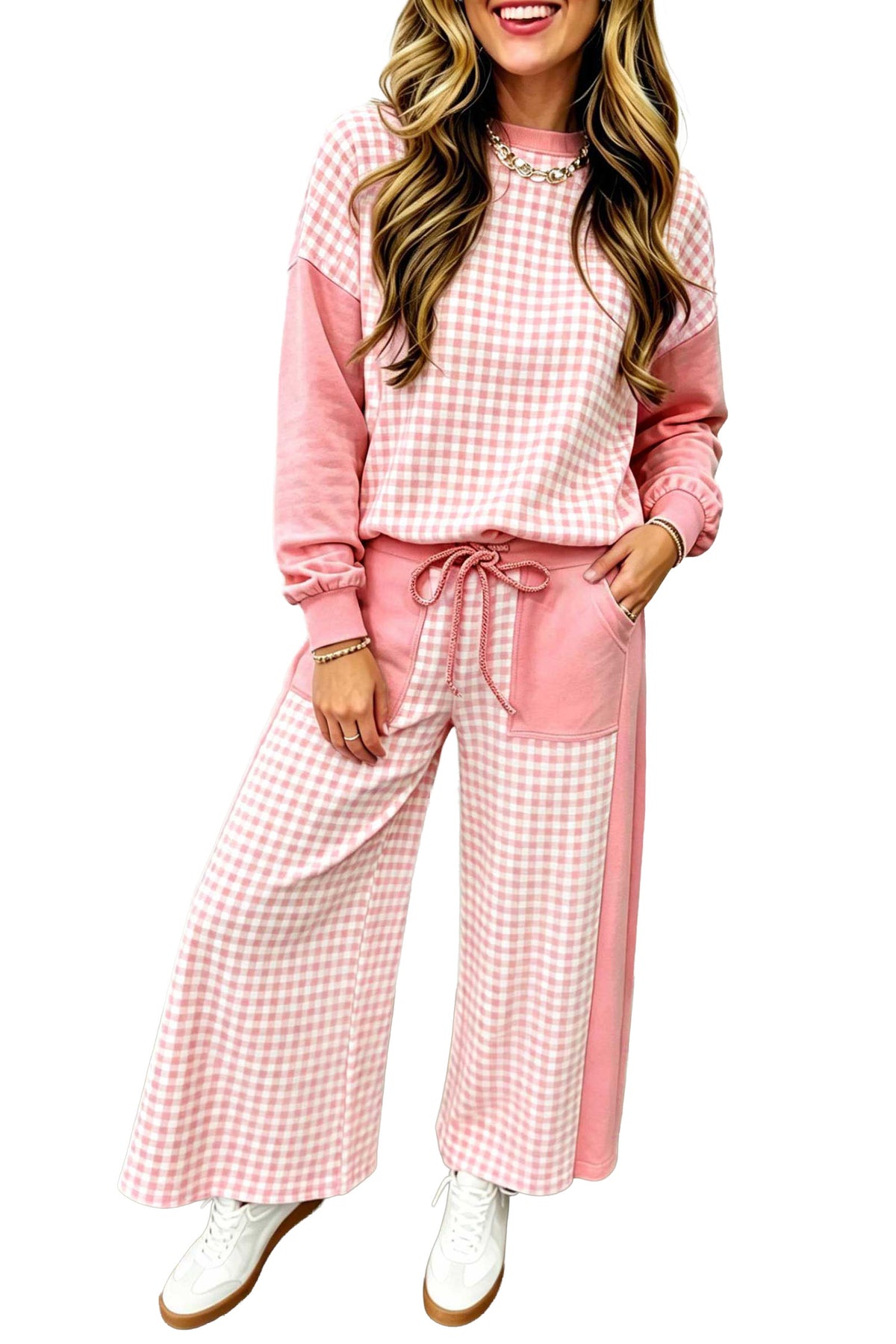 Khaki Color Block Plaid Patchwork Long Sleeve Pullover Wide Leg Pant Set