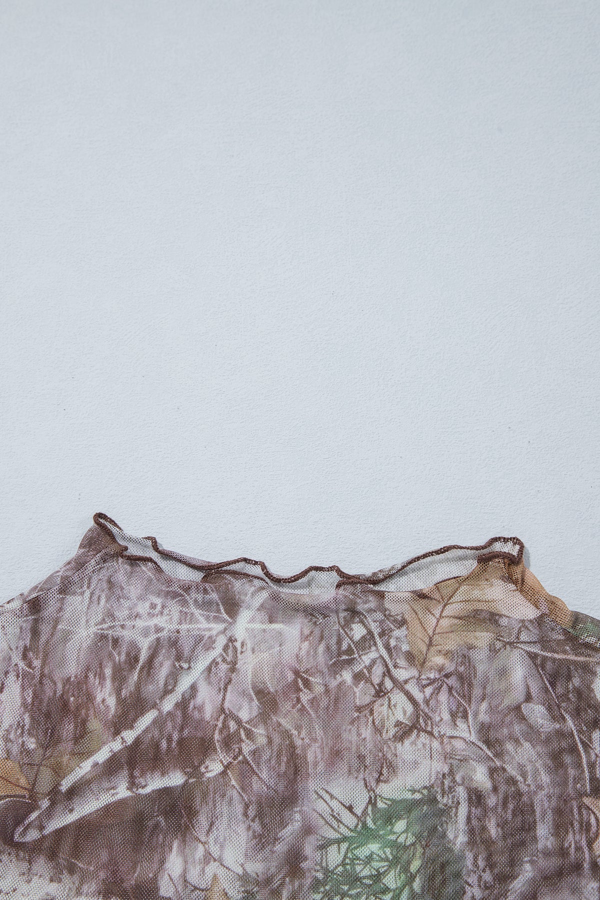 Beige Floral Print Slim Fit Mesh Long Sleeve Mock Neck Top