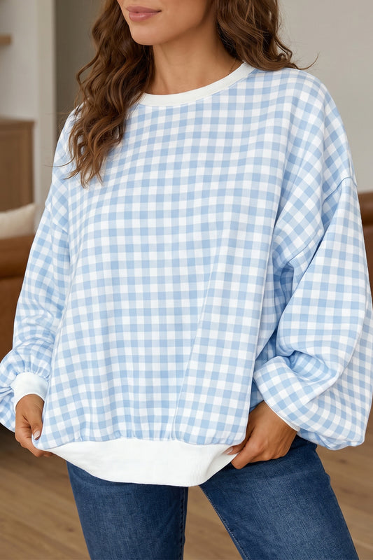 Light Blue Plaid Round Neck Long Sleeve Sweatshirt