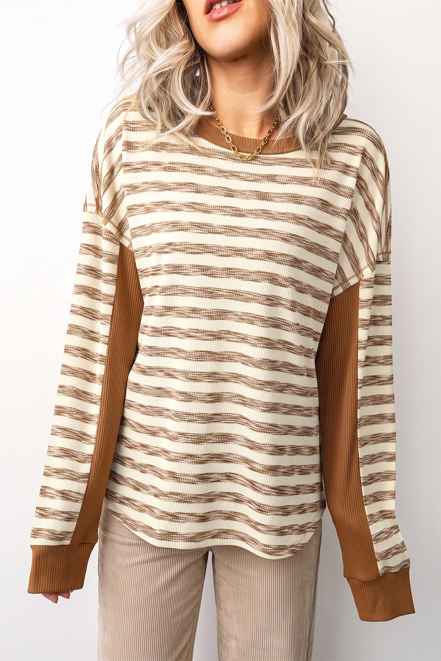Brown Stripe Textured Knit Color Block Trim Long Sleeve Round Neck Top