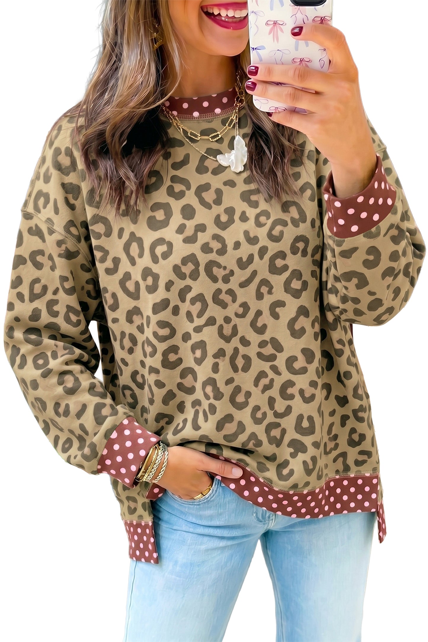 Brown Leopard Polka Dot Colorblock Trim Long Sleeve Top