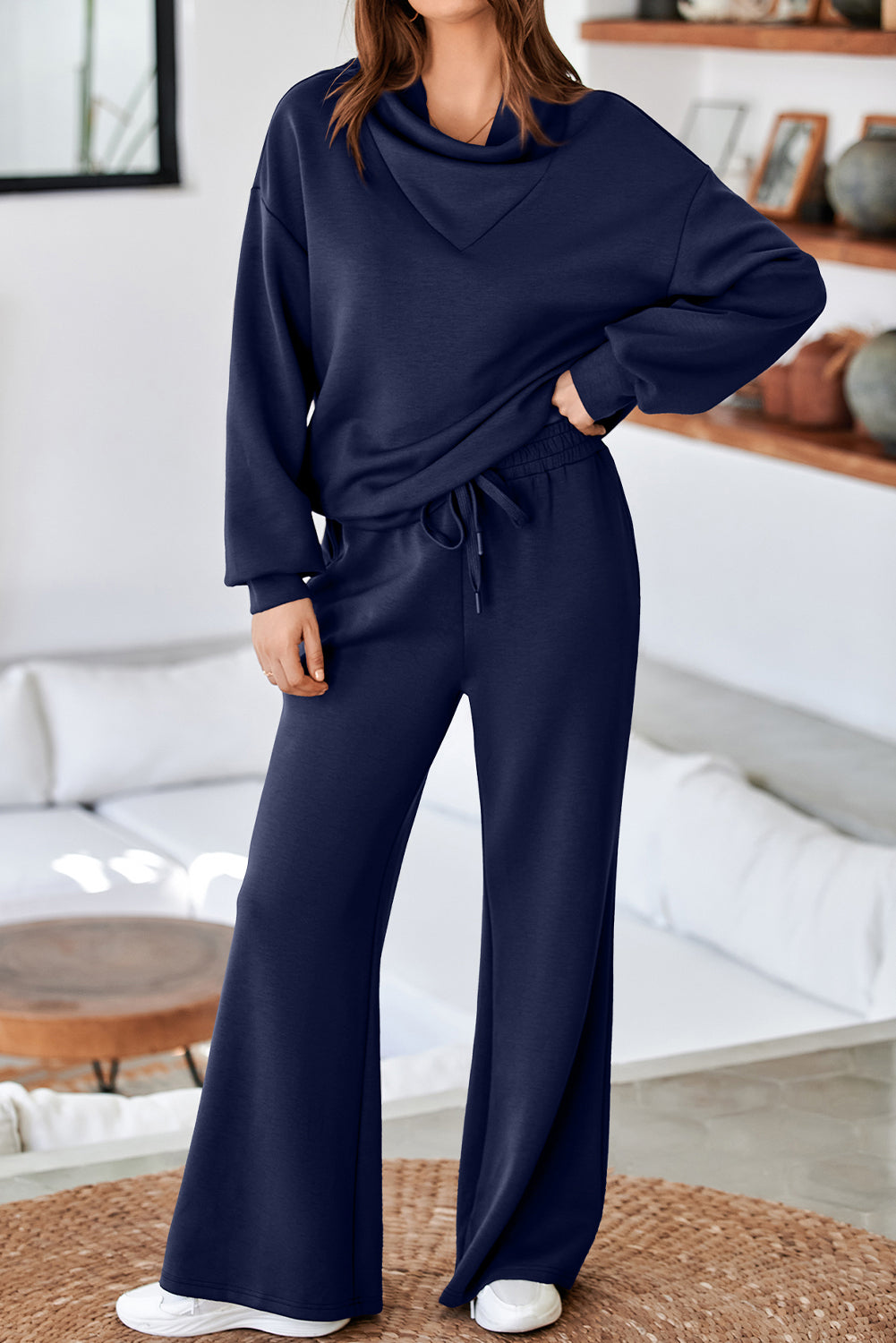 Dusk Blue Solid Color Cowl Neck Drawstring Pullover Wide Leg Athleisure Pants Set