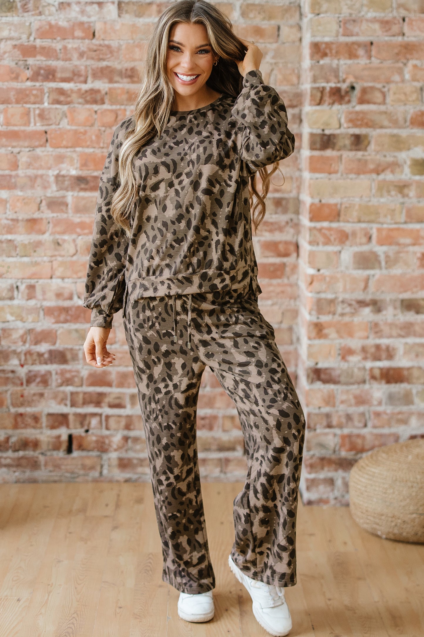 Gray Leopard Print Raw Seam Patchwork Pullover Drawstring Loose Pant Set