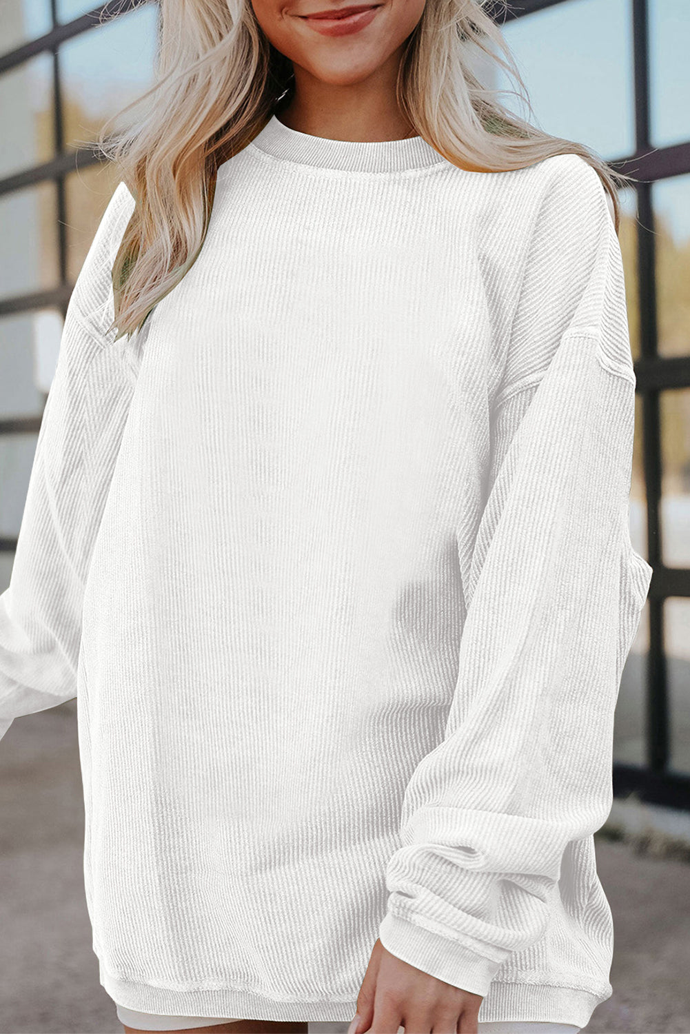 Strawberry Pink Ribbed Corduroy Oversized Sweatshirt