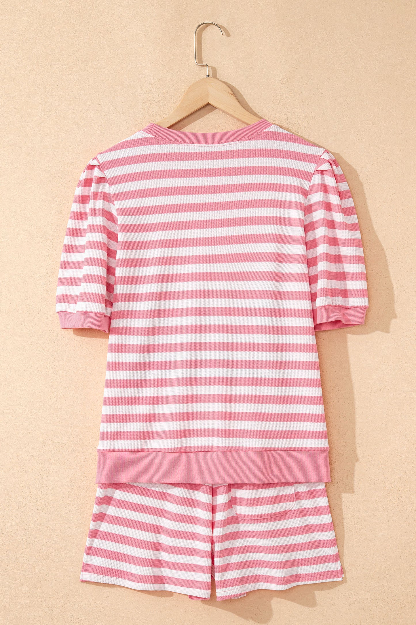 Green Stripe Puff Short Sleeve T Shirt Matching Shorts Set