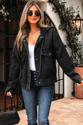 Black Big Chest Pocket Drop Shoulder Hooded Denim Jacket