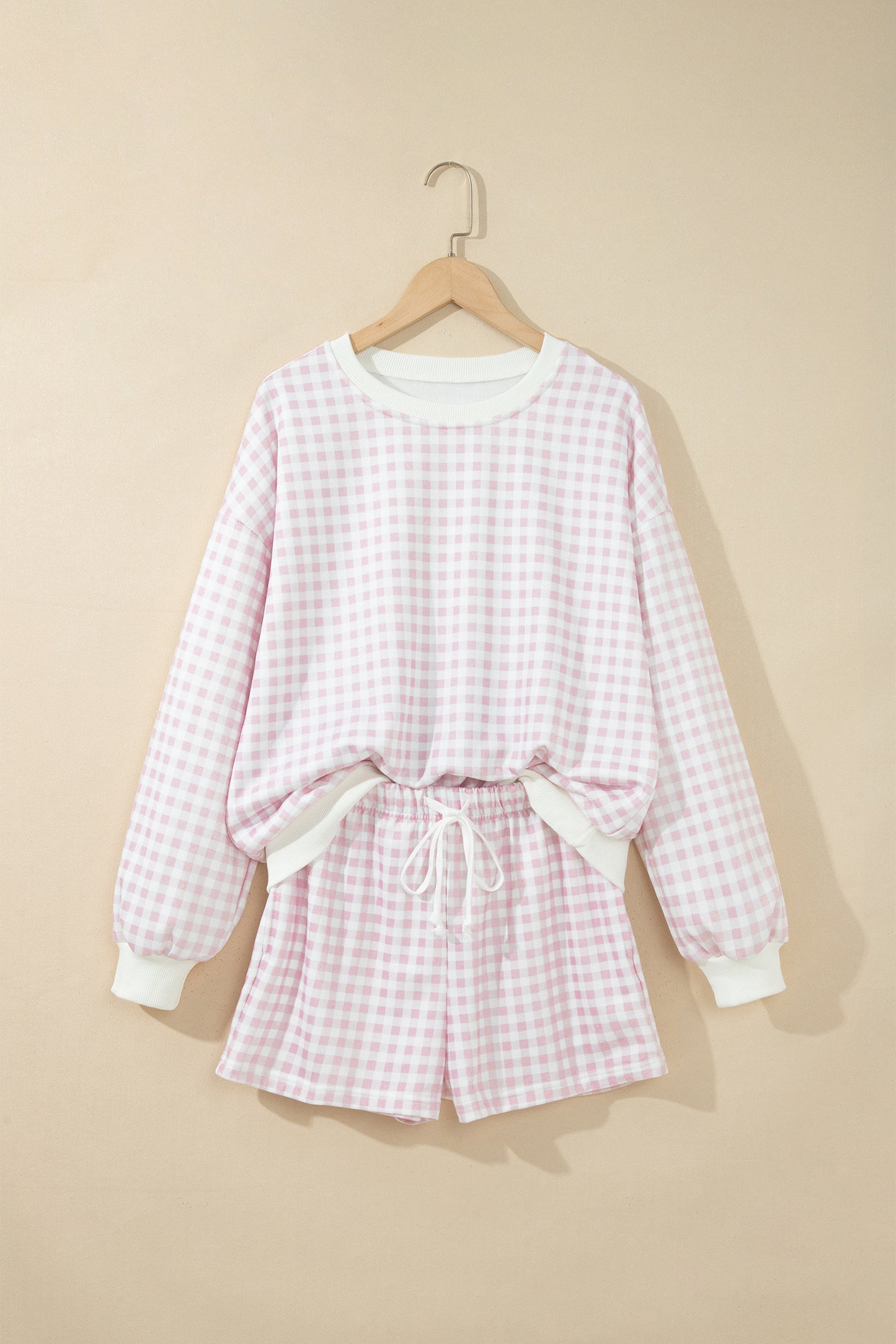 Pink Plaid Baggy Pullover Drawstring Casual Shorts 2pcs Outfit