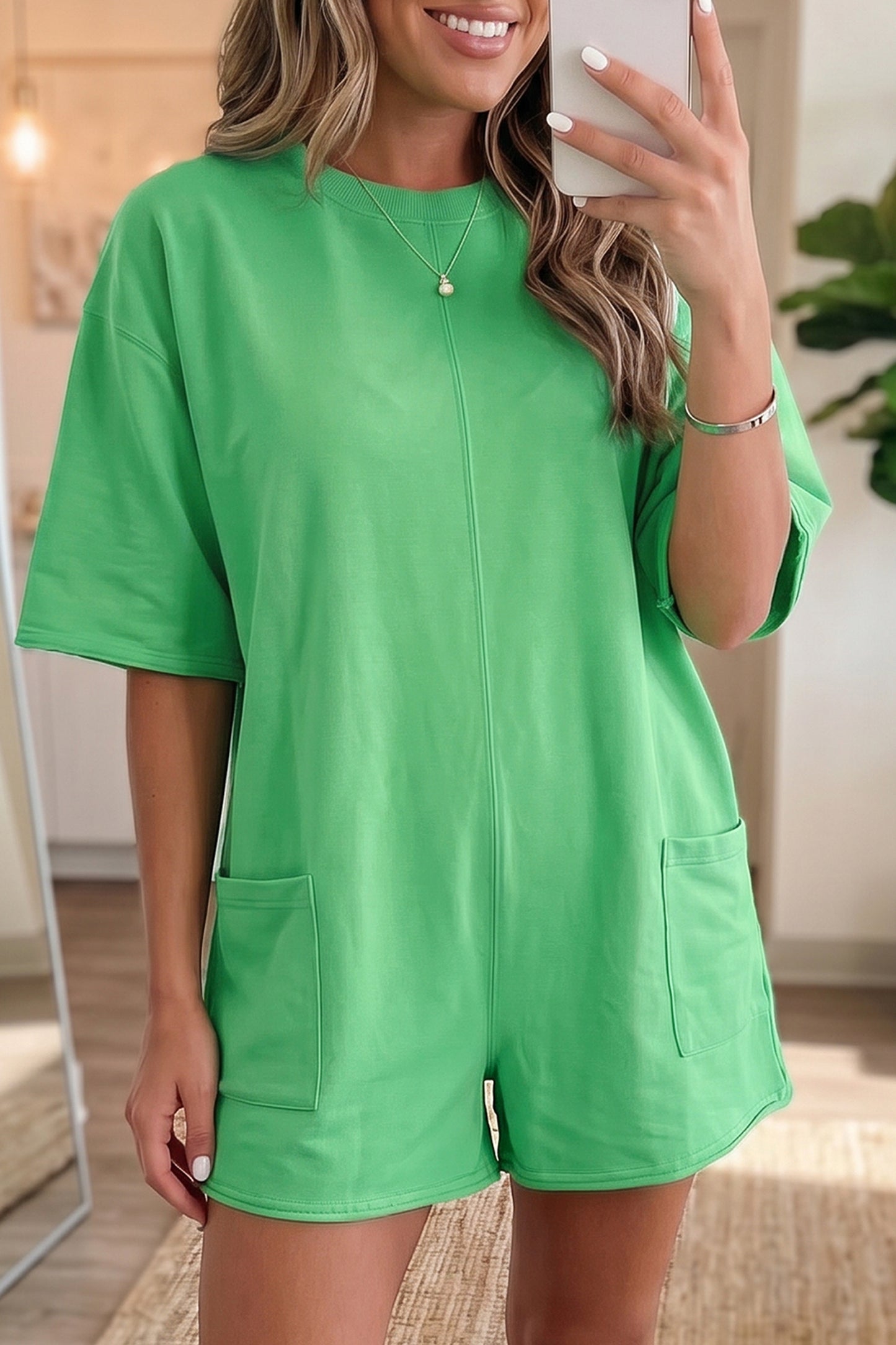 Fiery Red Solid Color Raw Edge Half Sleeve Pocketed Loose Romper