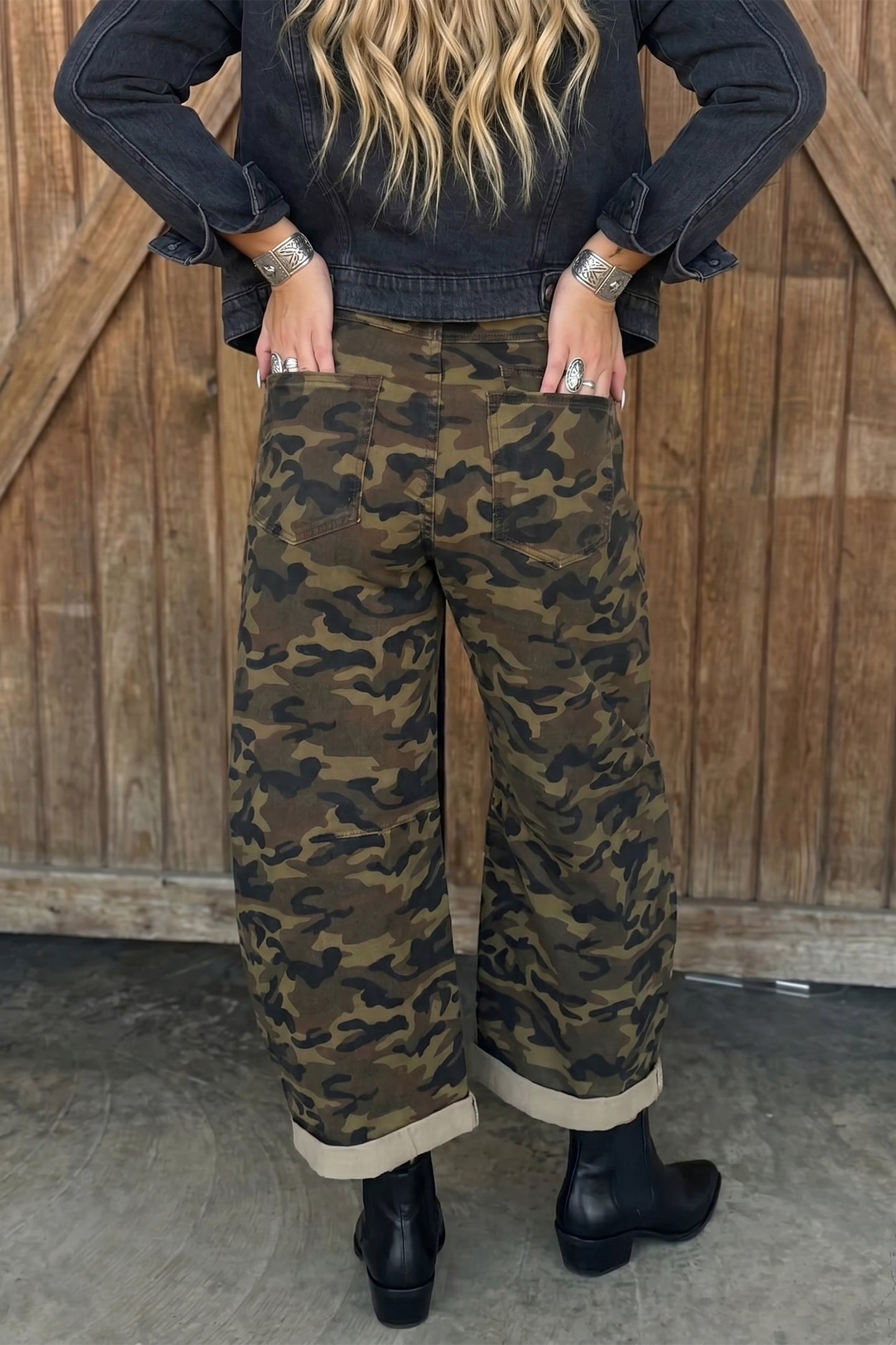 Multicolour Camouflage Print Retro Grommet Tie Waist Loose Jeans