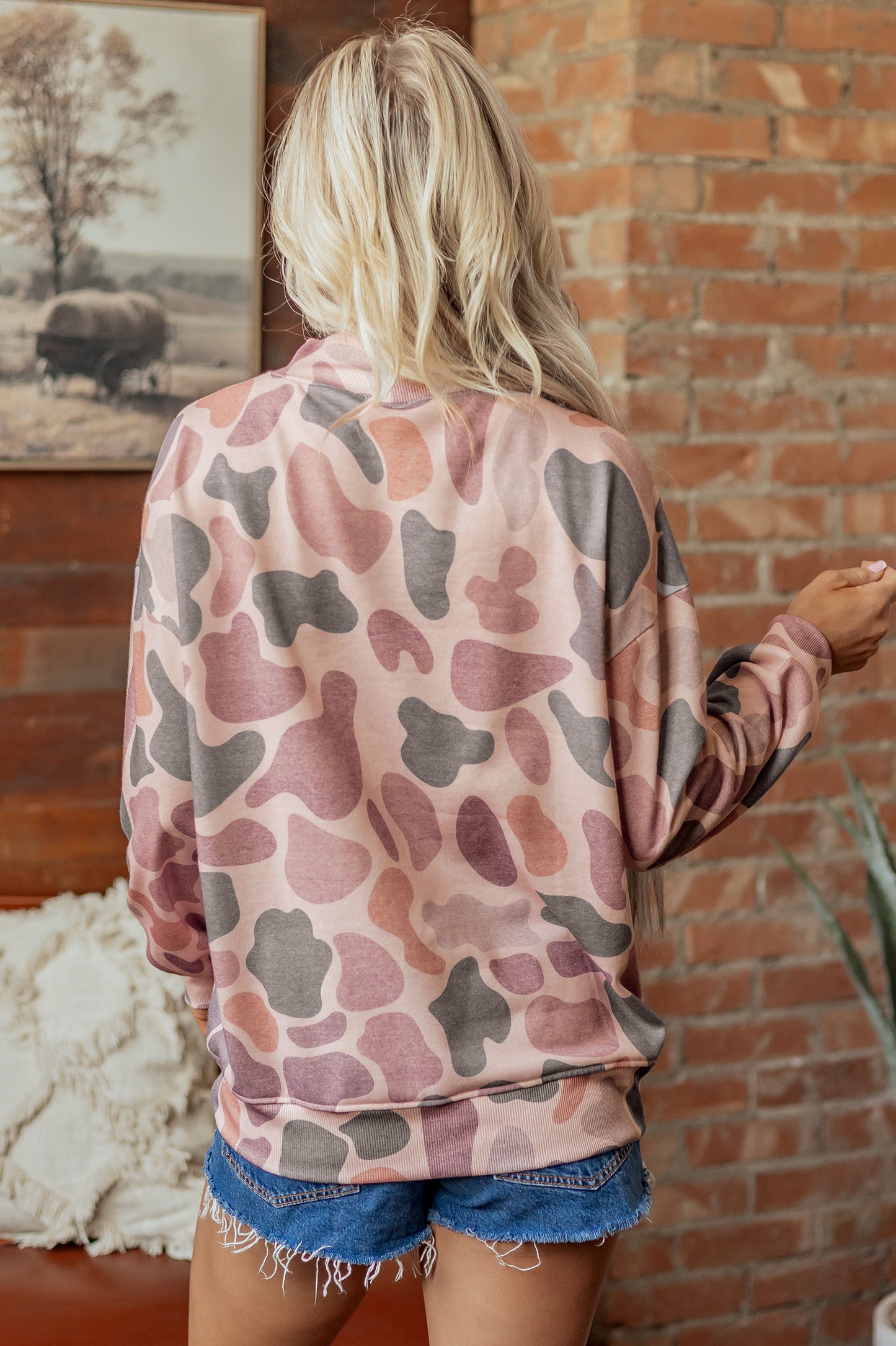 Sky Blue Camouflage Western Style Pullover Sweatshirt