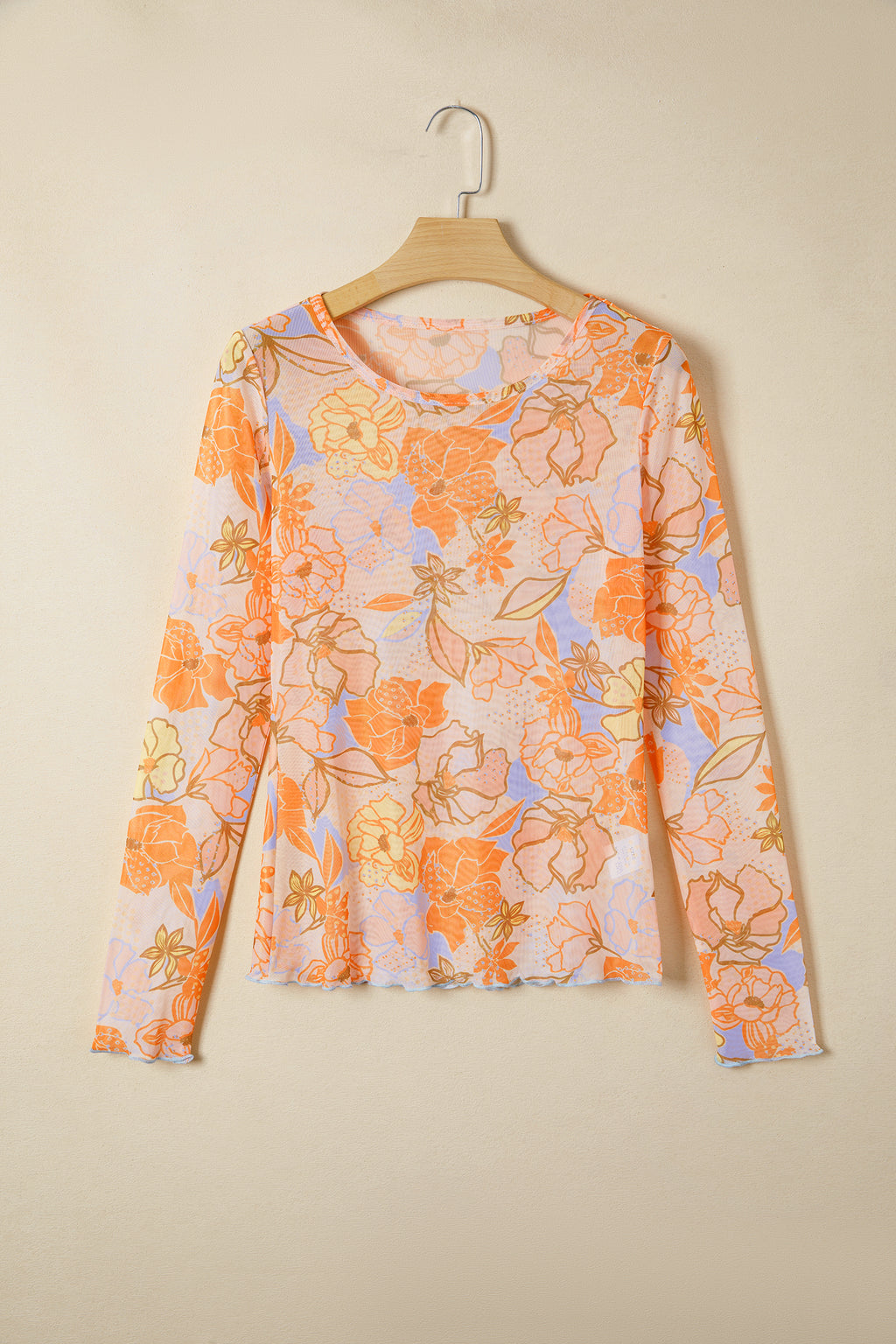 Multicolour Floral Print Lettuce Trim Slim Long Sleeve Top
