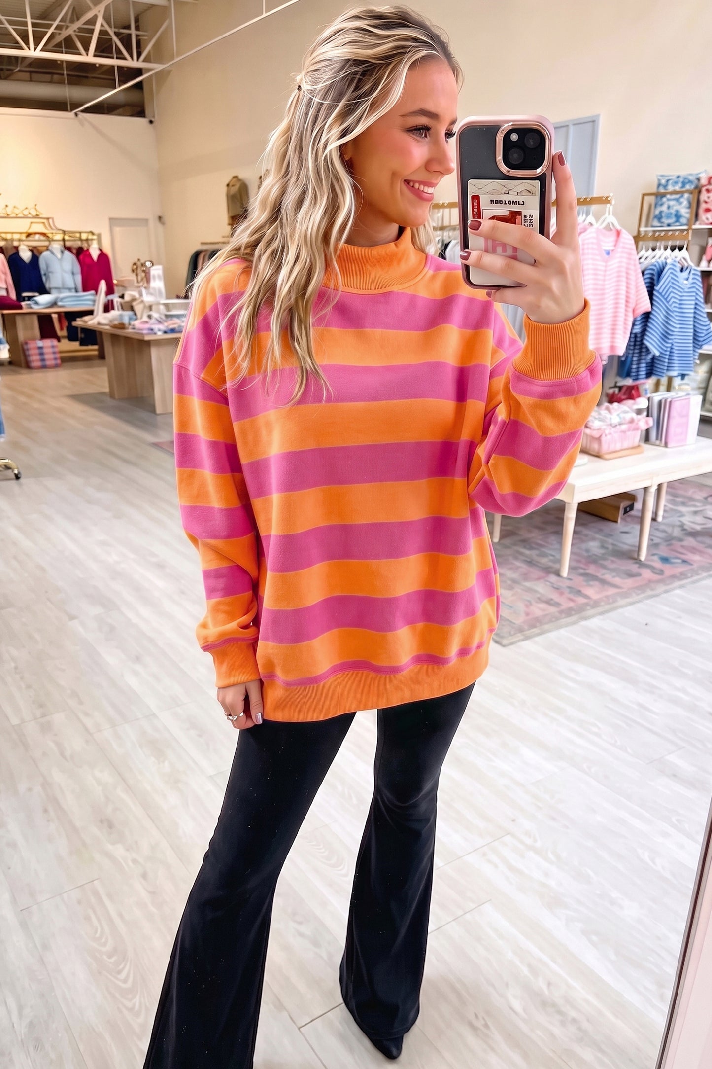 Brown Stripe Colorblock Mock Neck Relaxed Sweatshirt