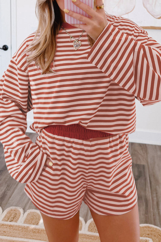 Brown Stripe Relaxed Long Sleeve Top Contrast Elastic Waistband Short Set