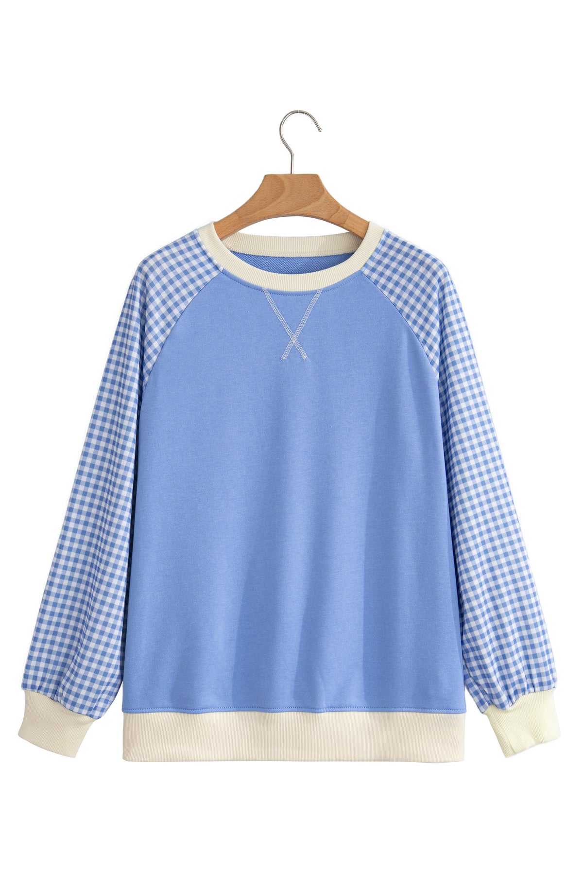 Beige Plaid Sleeve Colorblock Raglan Pullover Sweatshirt