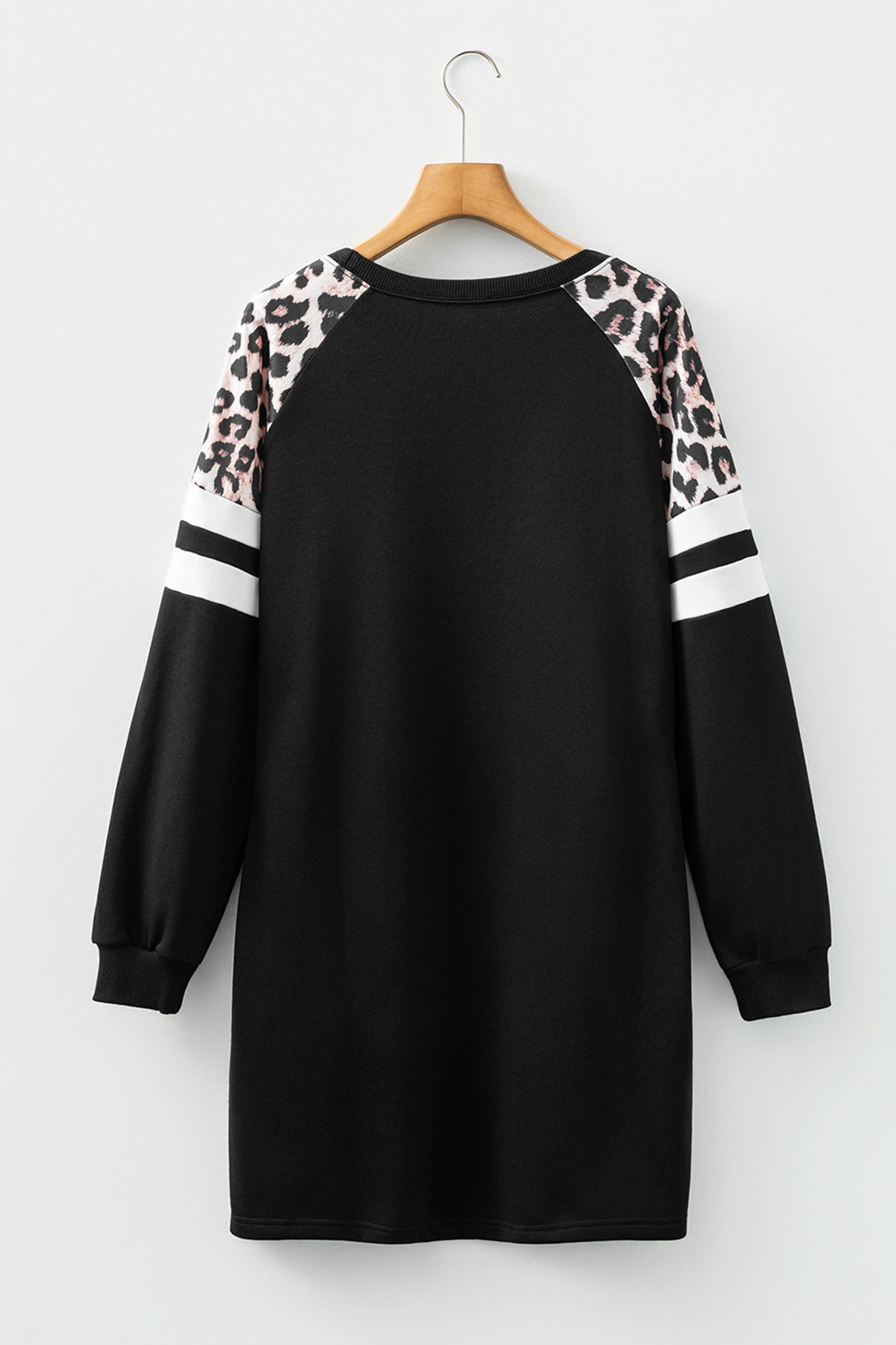 Black Leopard Print Patchwork Varsity Raglan Sleeve Sweatshirt Dress