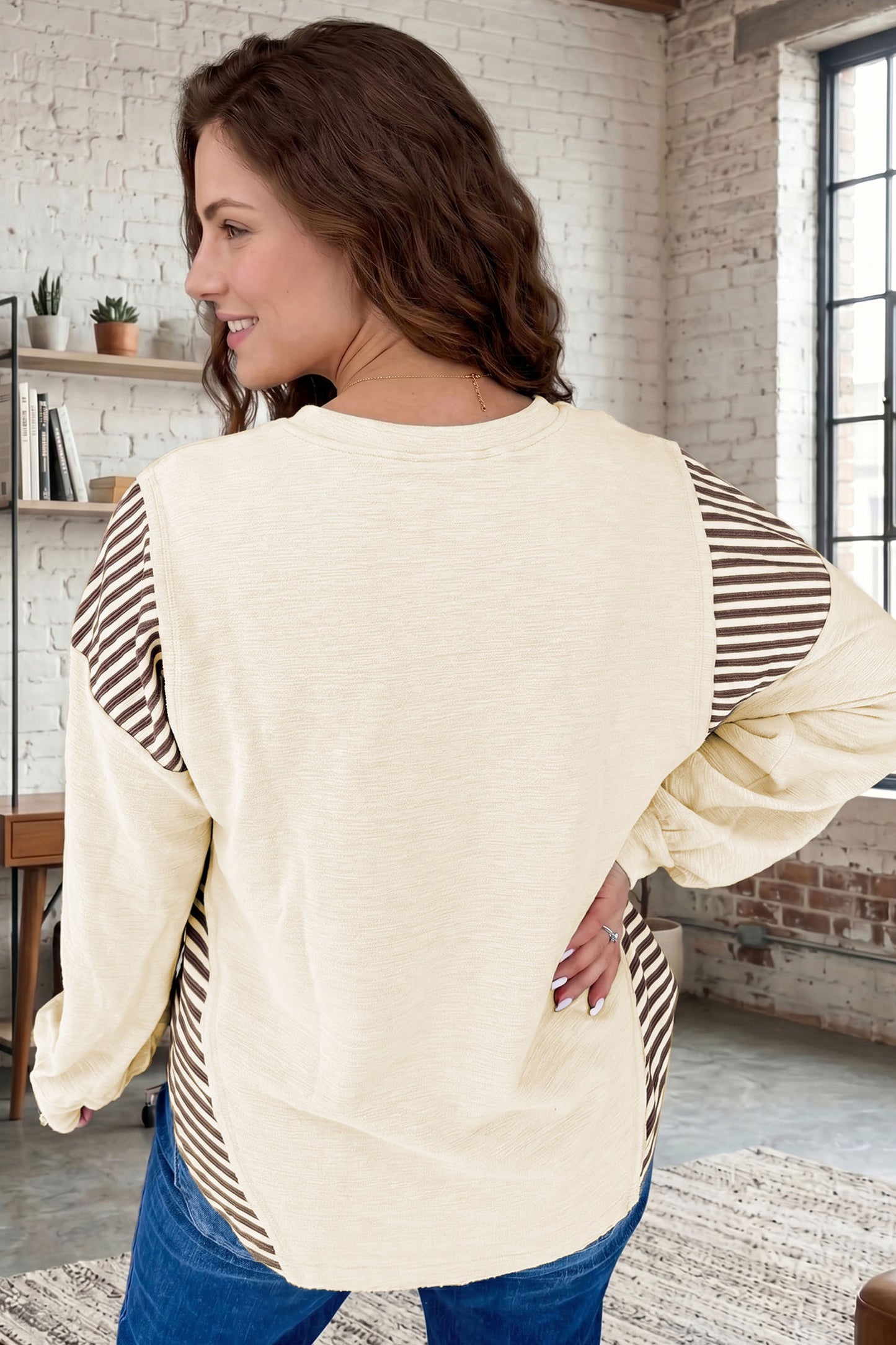 Jet Stream Western Print Striped Detail Long Sleeve Casual Top