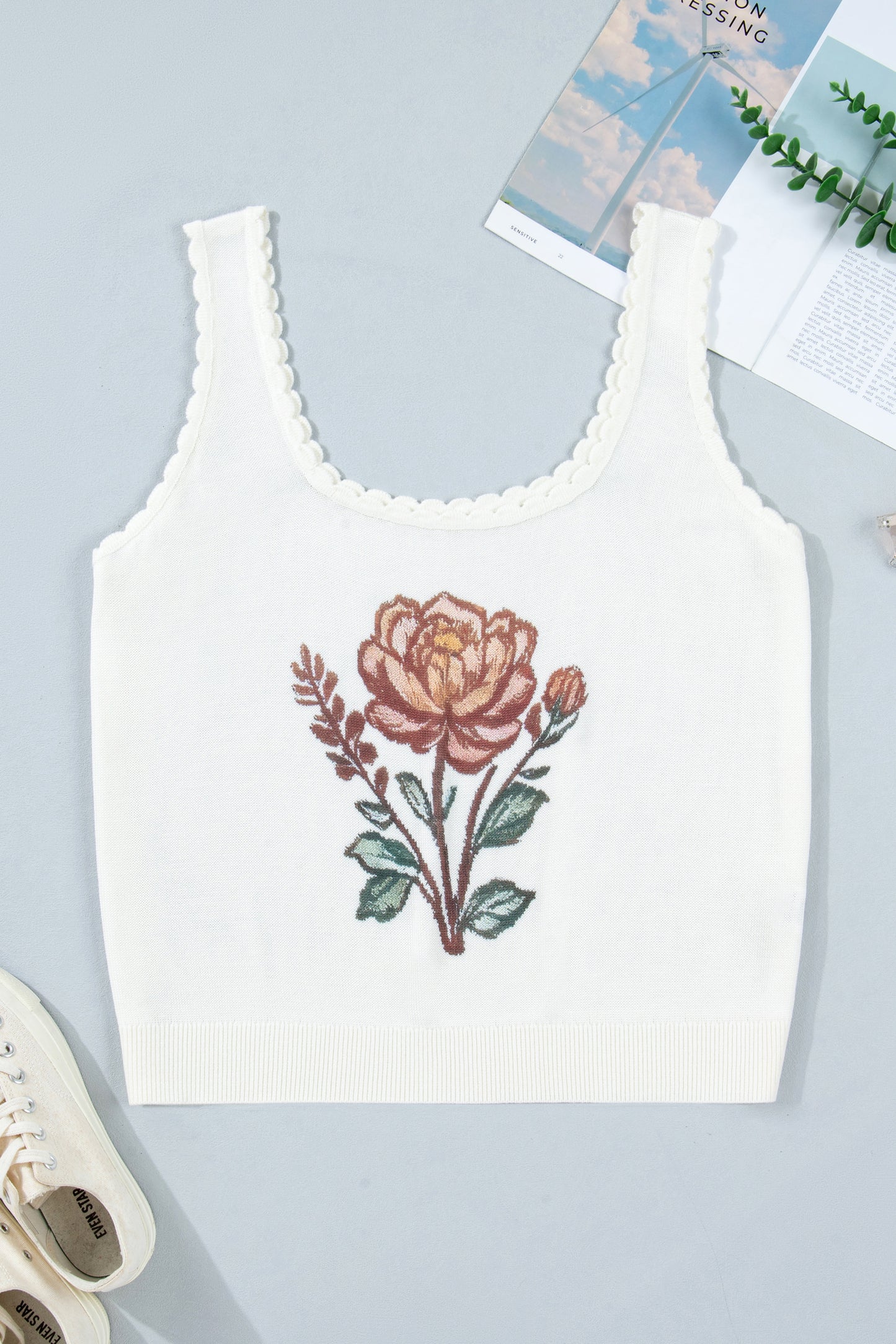 White Plus Size Floral Print Scalloped Trim Square Neck Sweater Vest