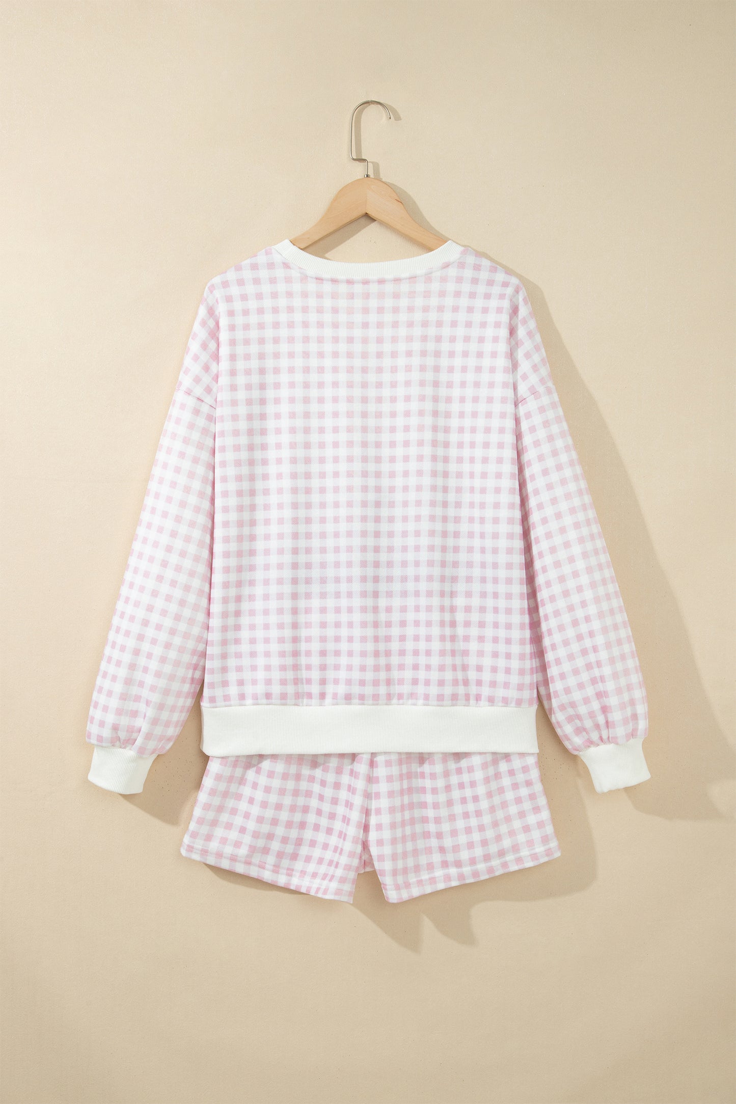 Pink Plaid Baggy Pullover Drawstring Casual Shorts 2pcs Outfit