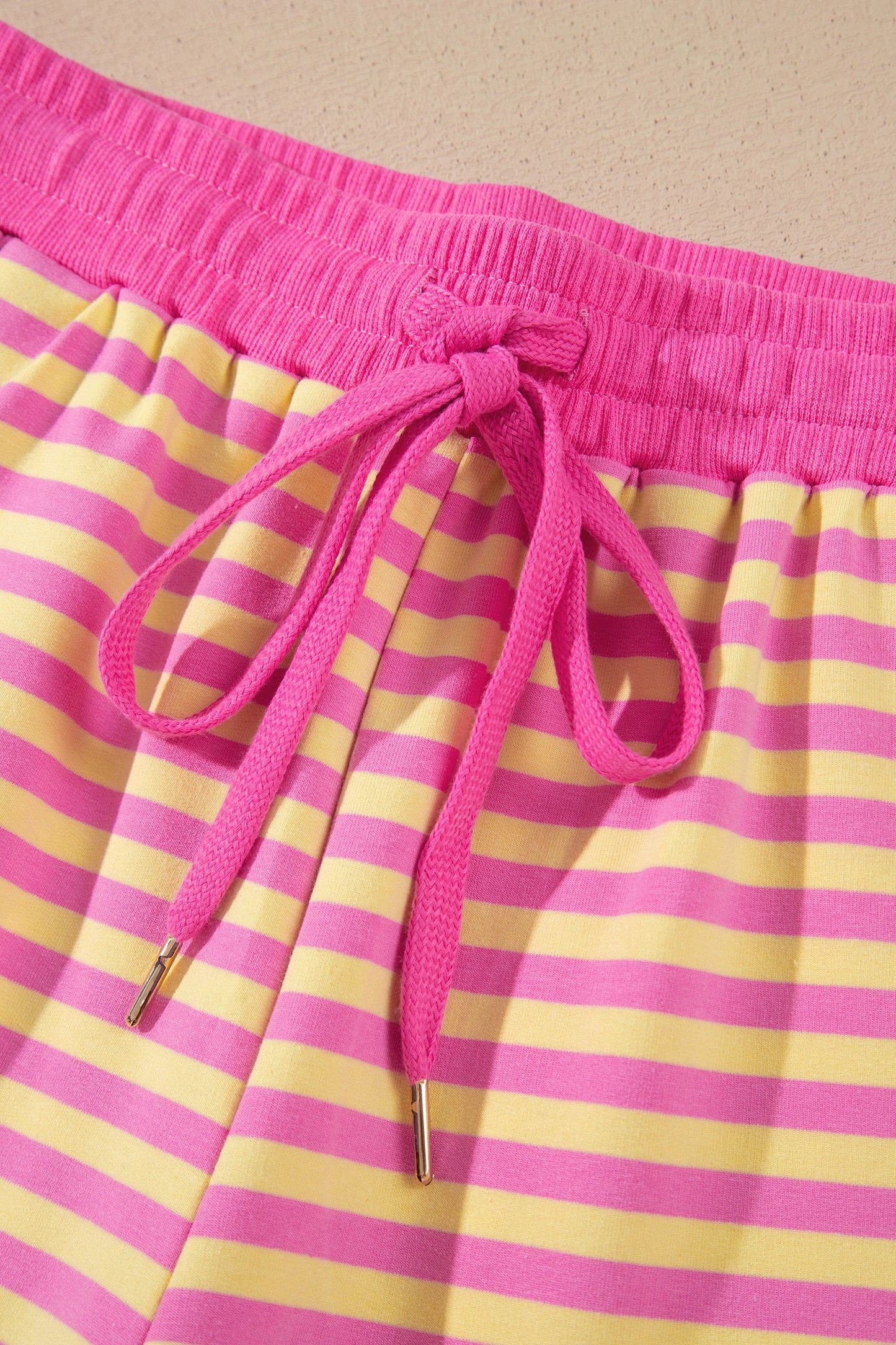 Rose Red Striped Long Sleeve Zip-Up Hoodie Drawstring Elastic Waist 2pcs Short Set