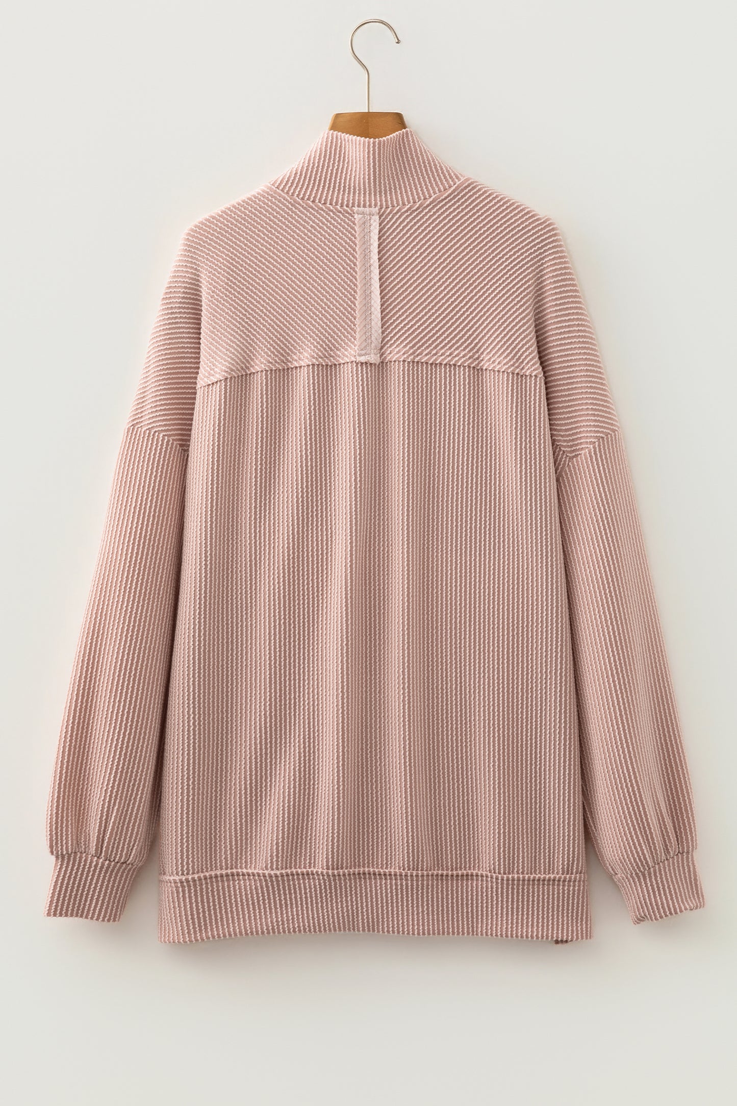 Oatmeal Twist Ribbed Zipper Collar Drop Shoulder Long Sleeve Top