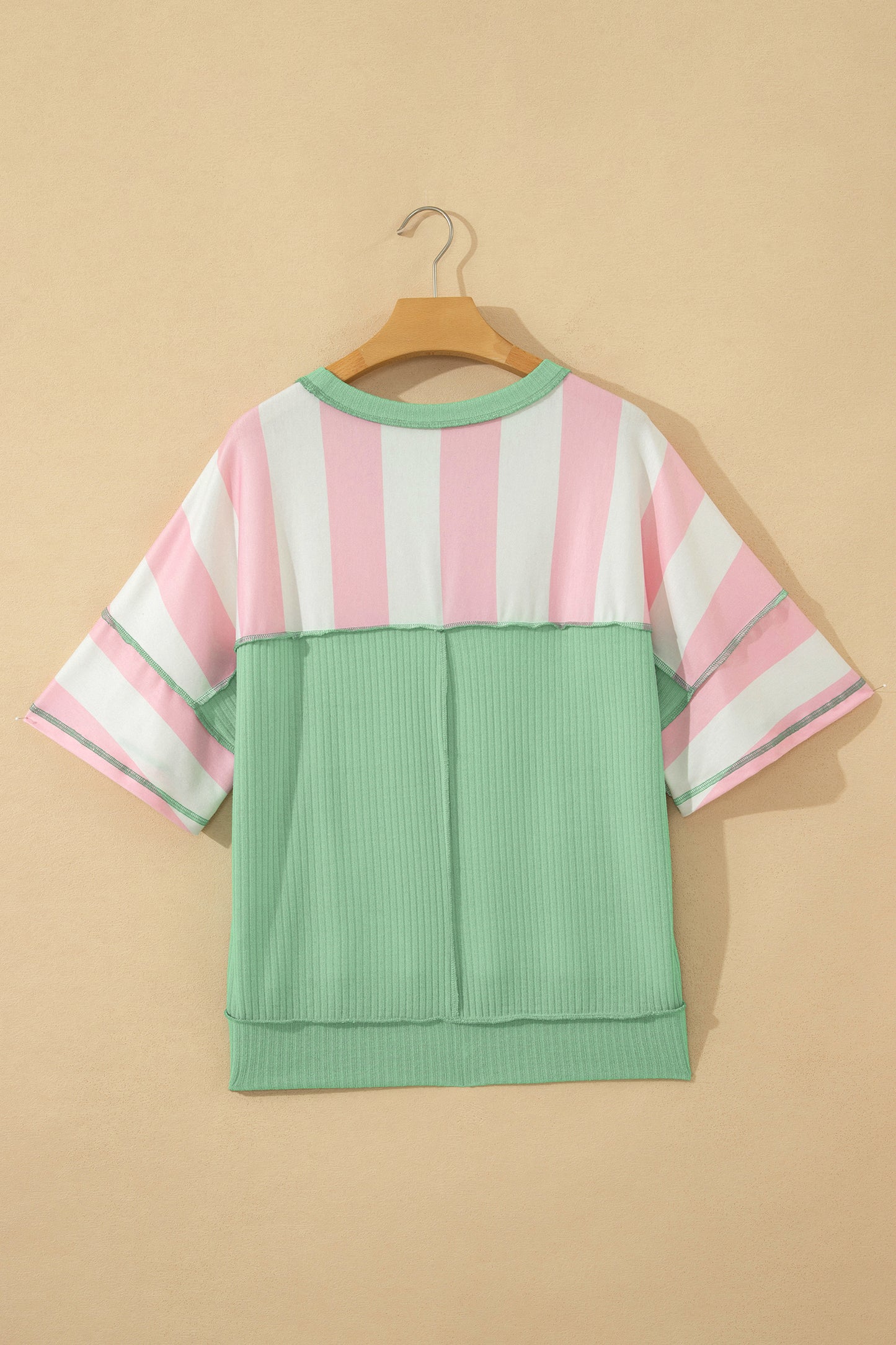 Green Stripe Exposed Seam Ribbed Patchwork Oversized Tee