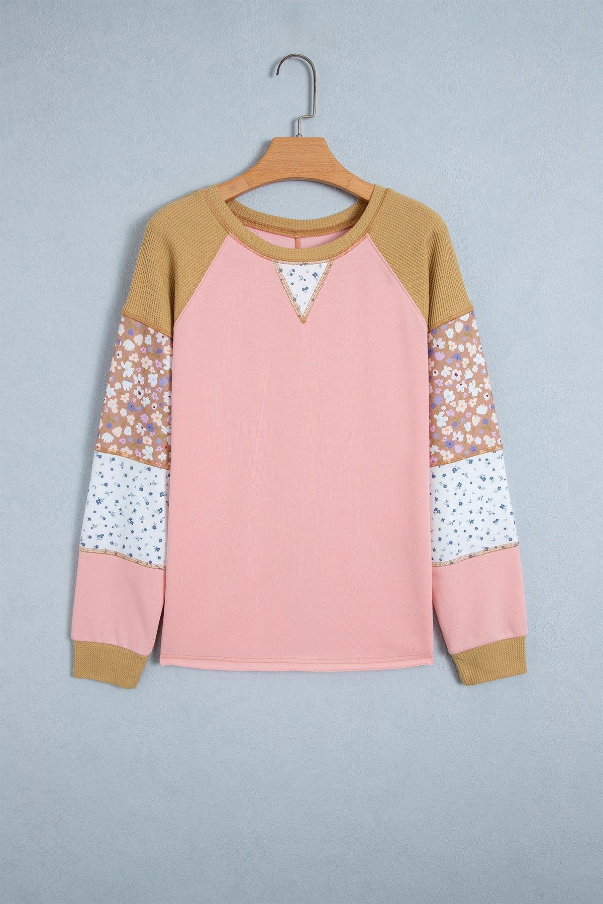 Light Grey Color Block Floral Waffle Mixed Patchwork Long Sleeve Top