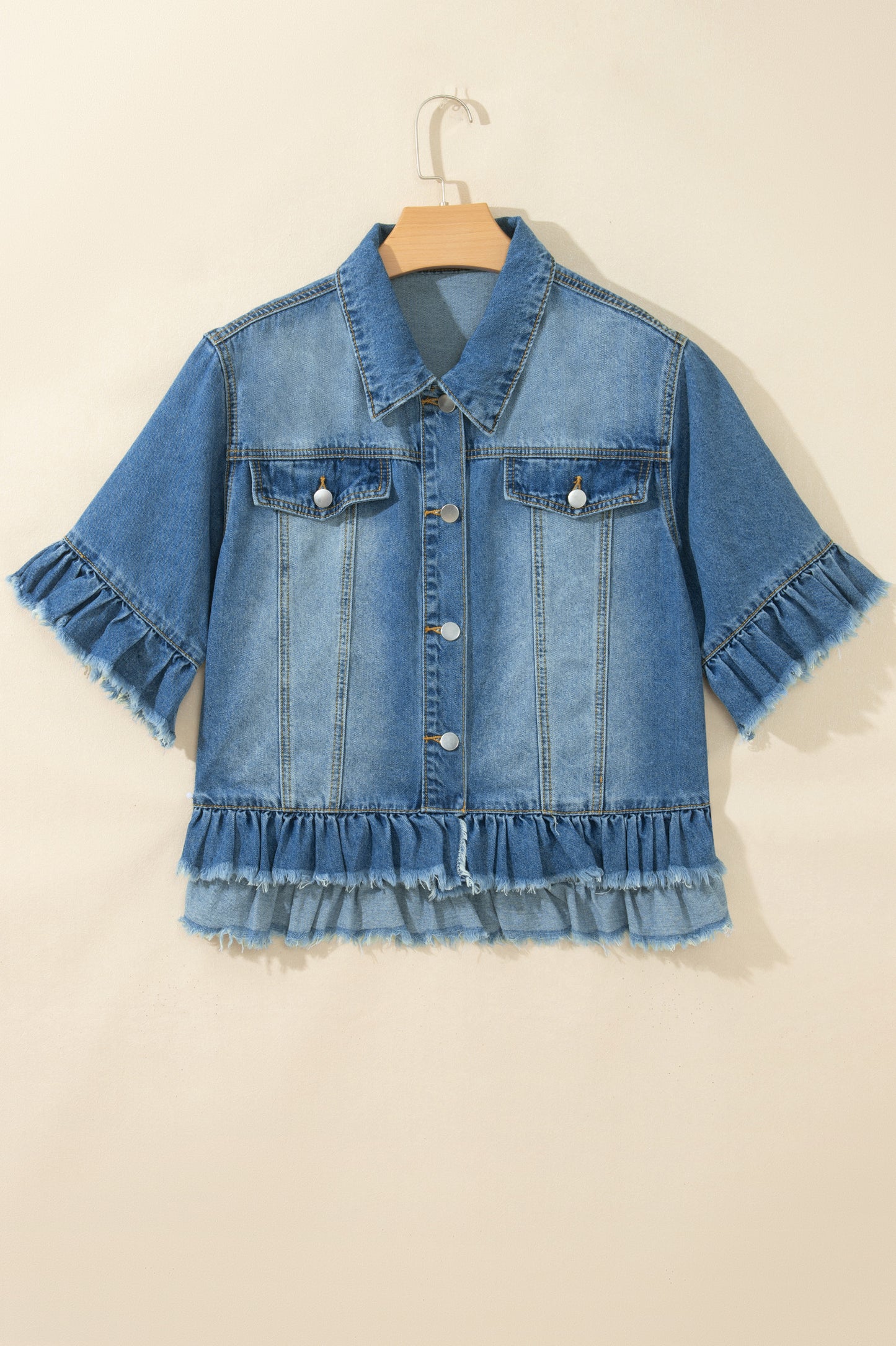 Blue Ruffle Hem Raw Edge Half Sleeve Western Denim Jacket