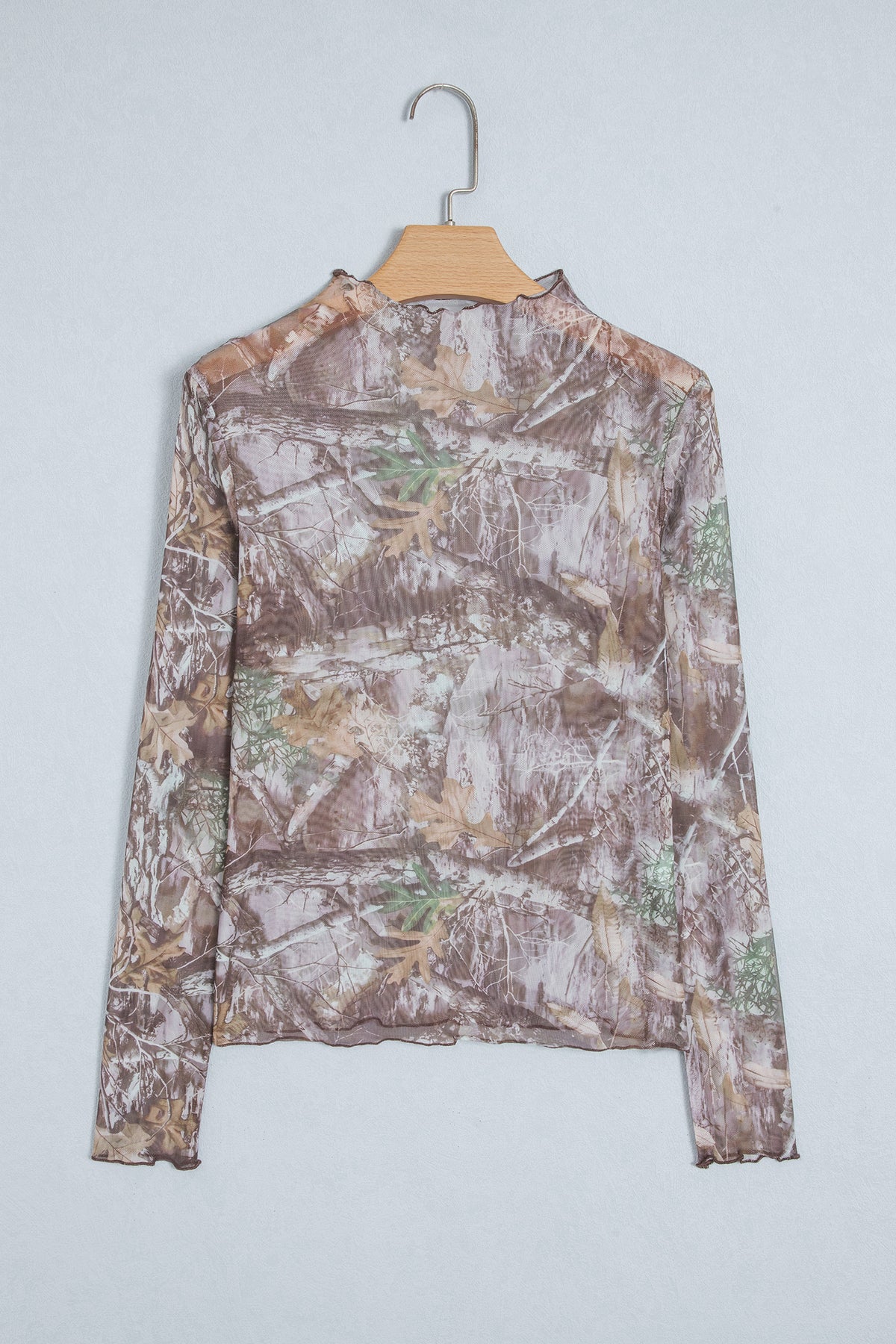 Beige Floral Print Slim Fit Mesh Long Sleeve Mock Neck Top