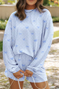 Sky Blue Valentines Bow Print Twisted Rib Loose Long Sleeve Top 2pcs Short Set