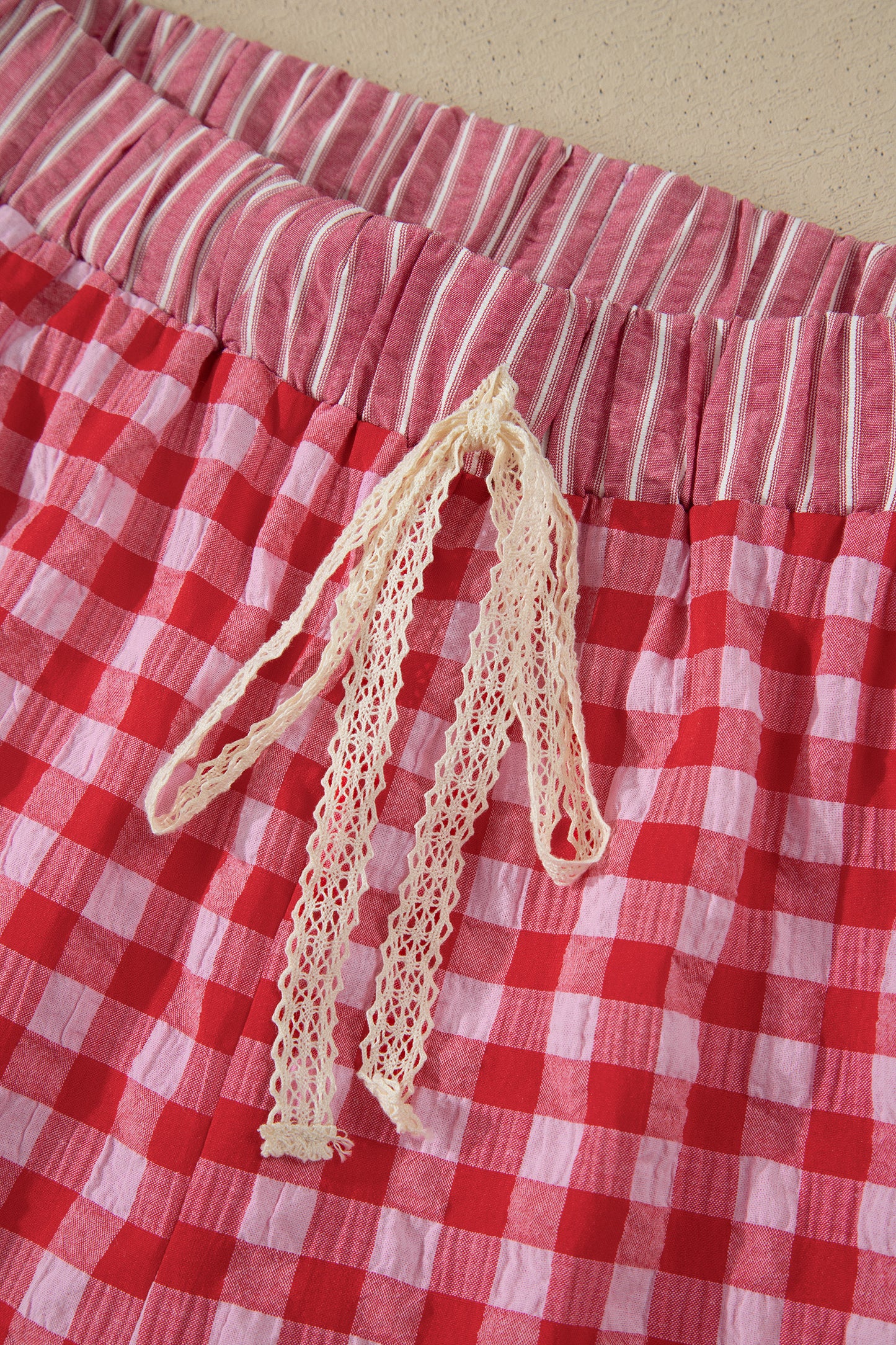 Sky Blue Gingham Print Ruffle Striped Detail Lace Tie Shorts