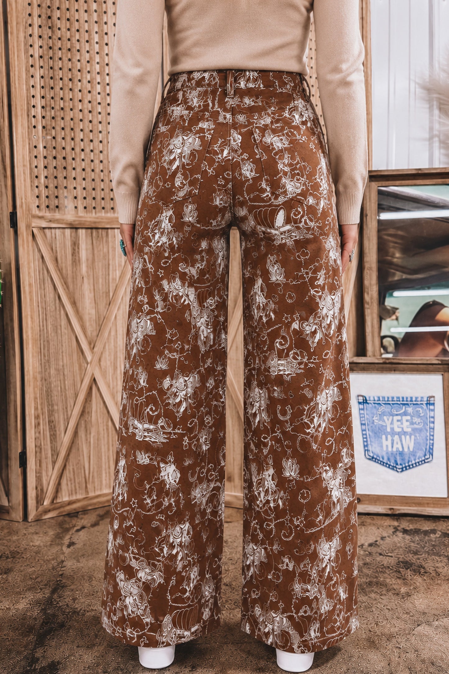 Brown Western Print Casual Shift Jeans