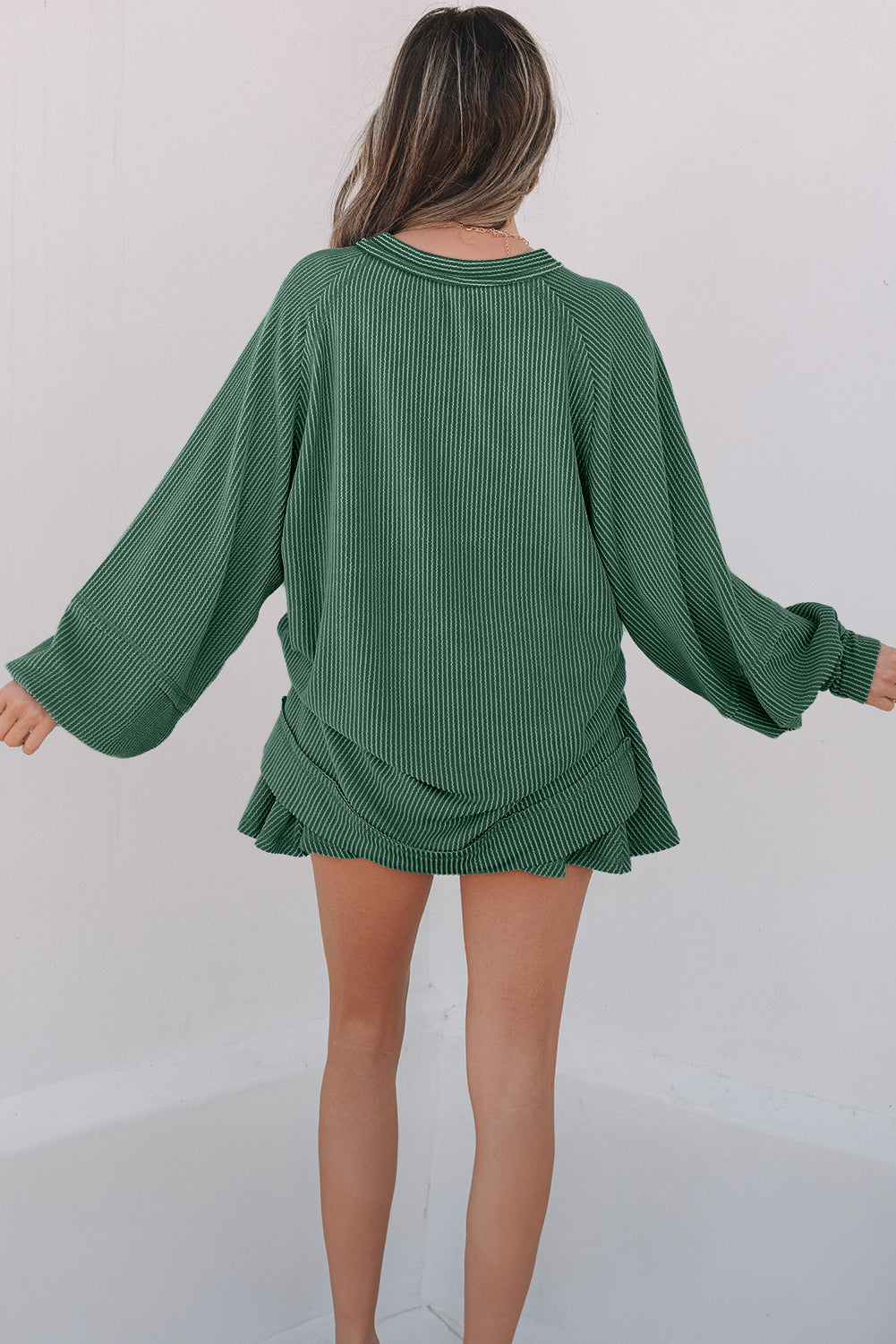 Jet Stream Corded Lantern Sleeve Top High Waist Ruffled Mini Skort Set