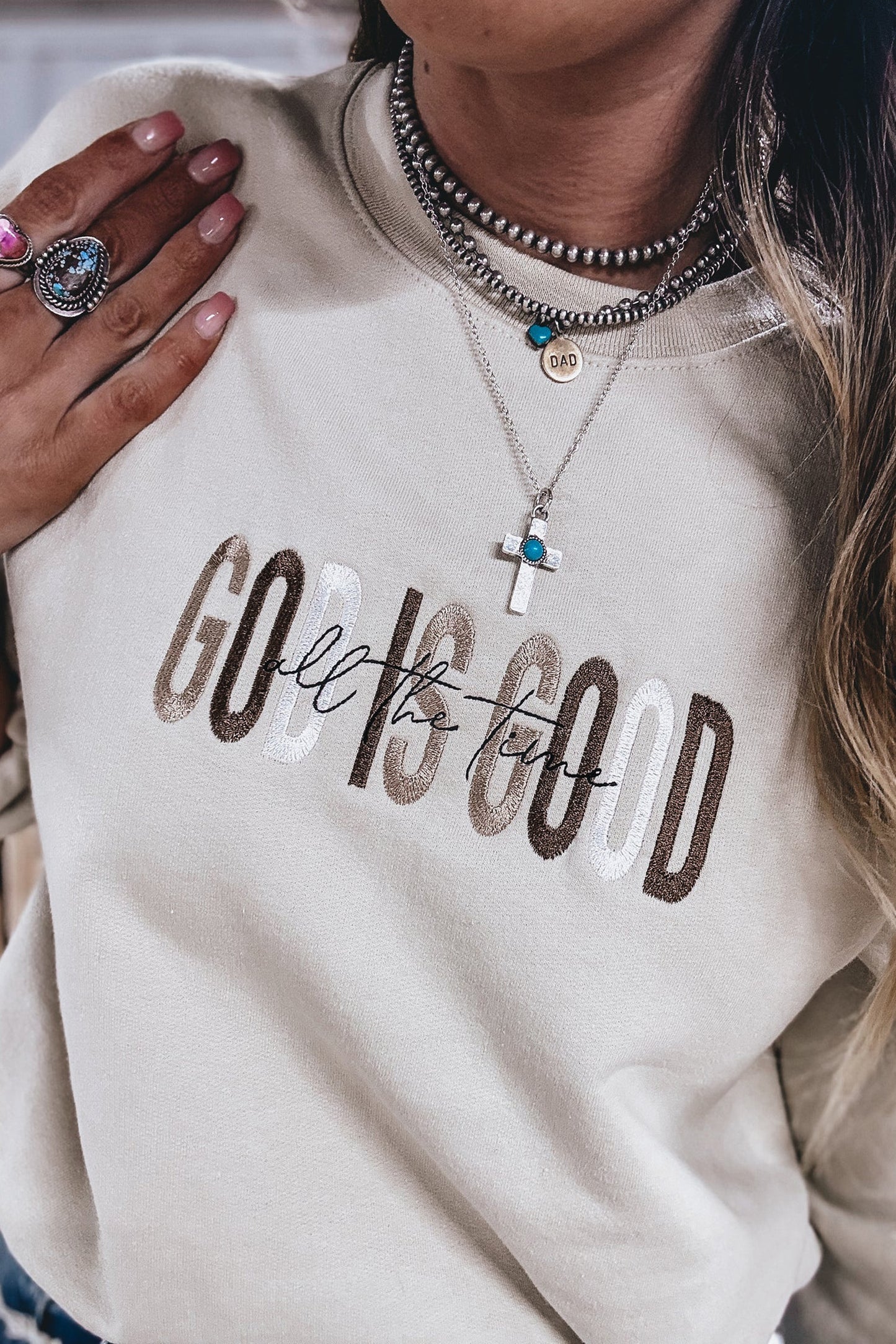 Jet Stream GOD IS GOOD Western Embroidered Letter Crewneck Pullover Sweatshirt