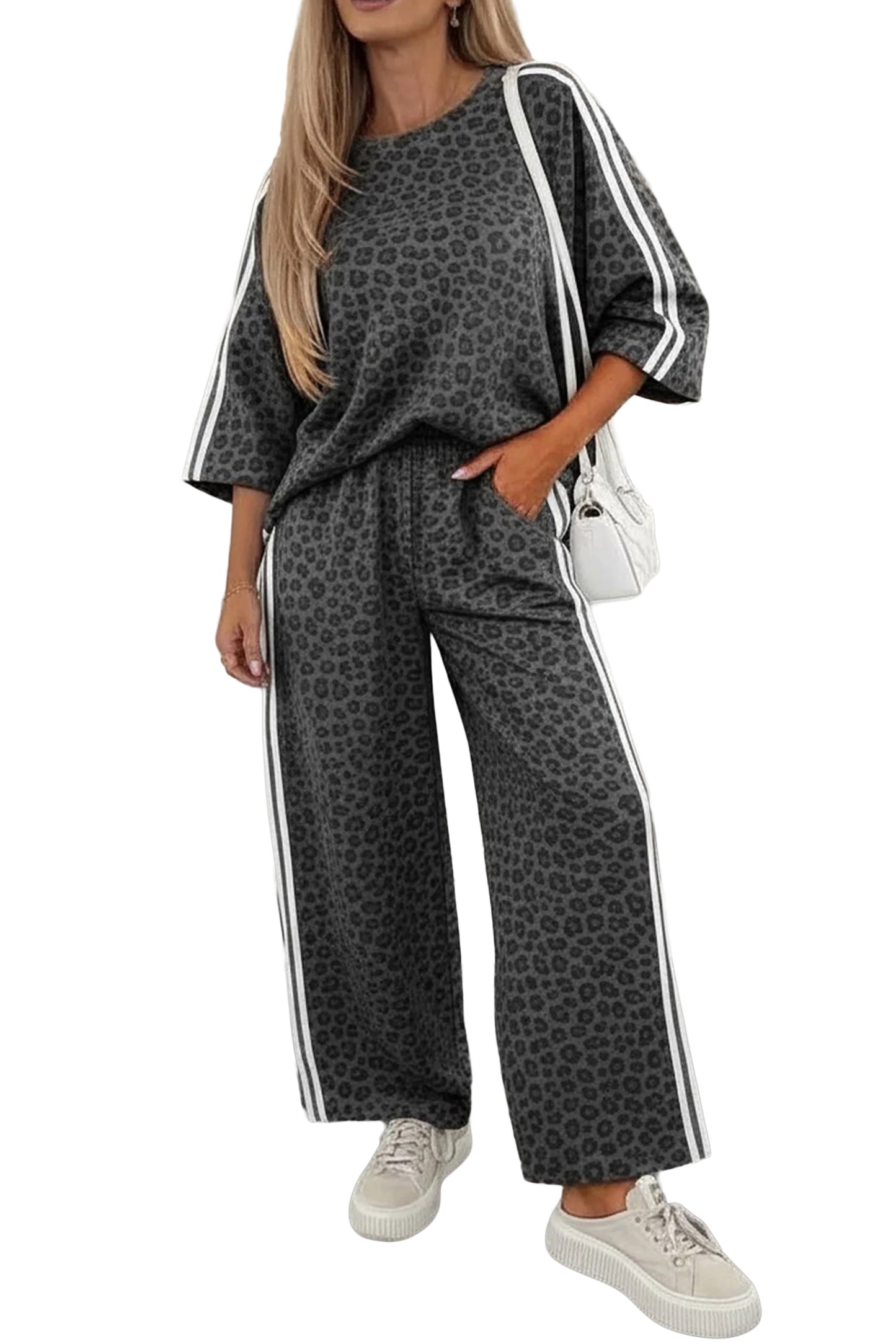 Gray Leopard Print Varsity Striped Detail 3/4 Sleeve Top Shift Pant Set