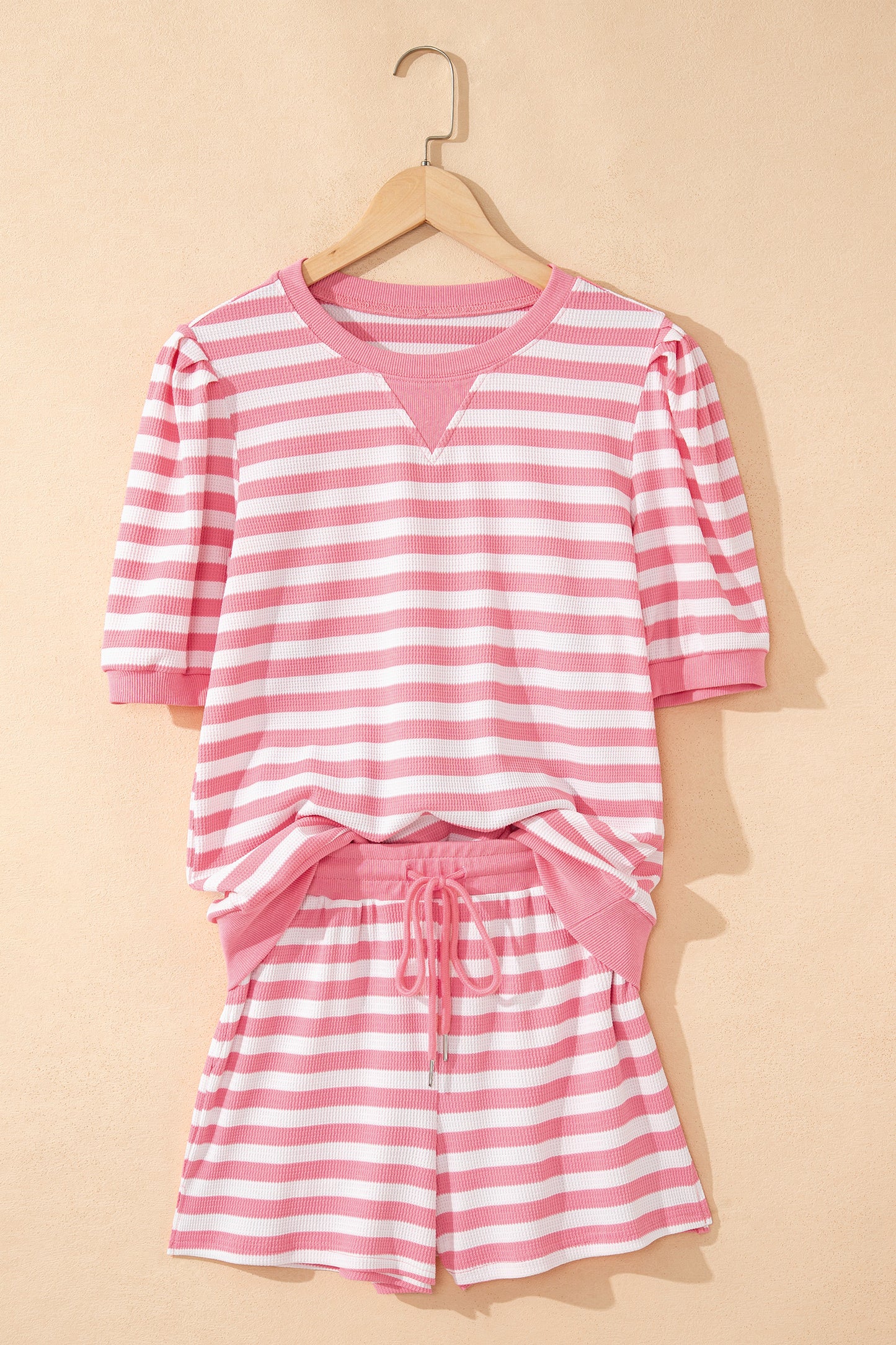 Green Stripe Puff Short Sleeve T Shirt Matching Shorts Set