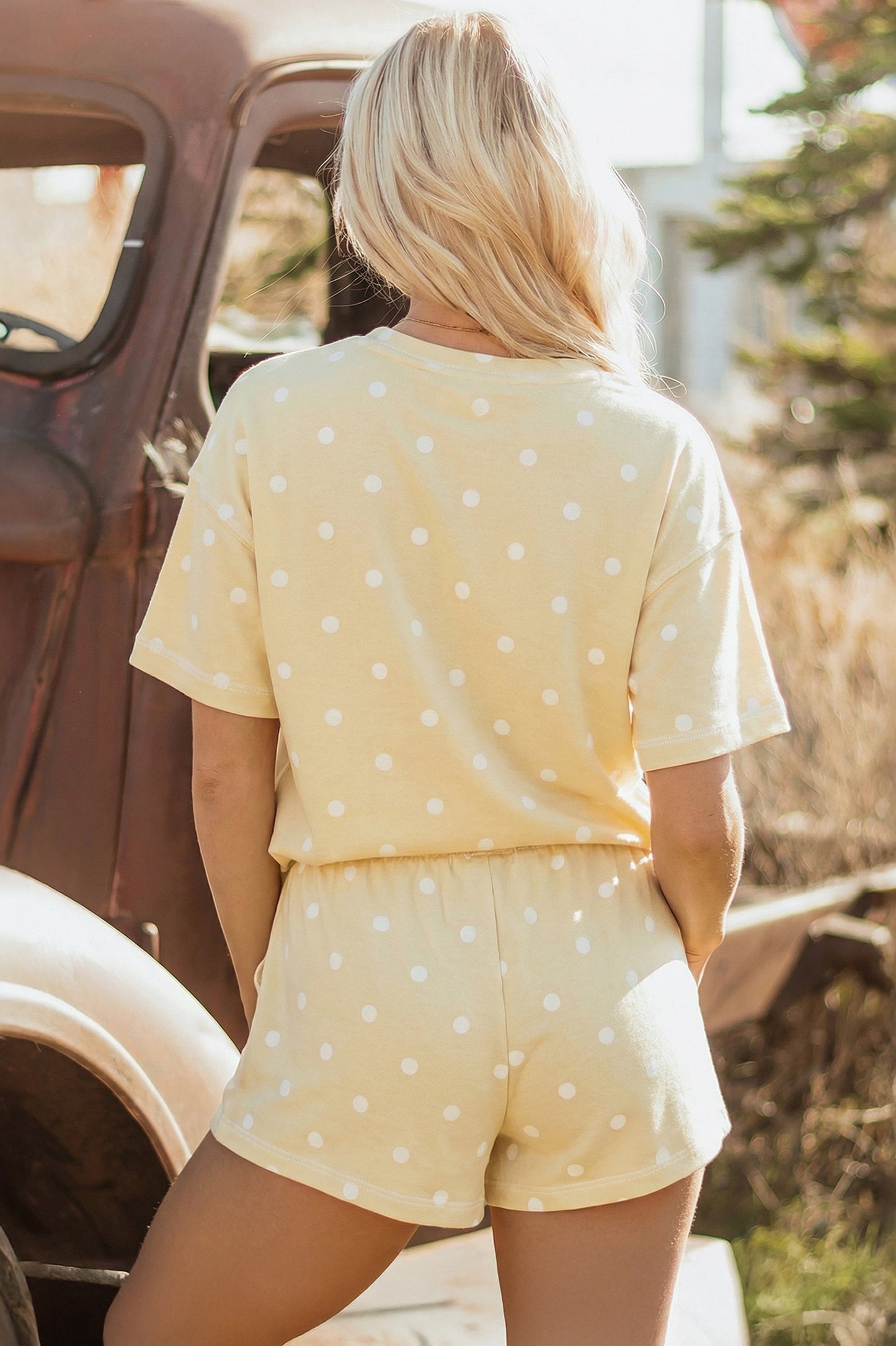 Pink Exposed Seam Detail Polka Dot Loose Tee Drawstring Shorts Set