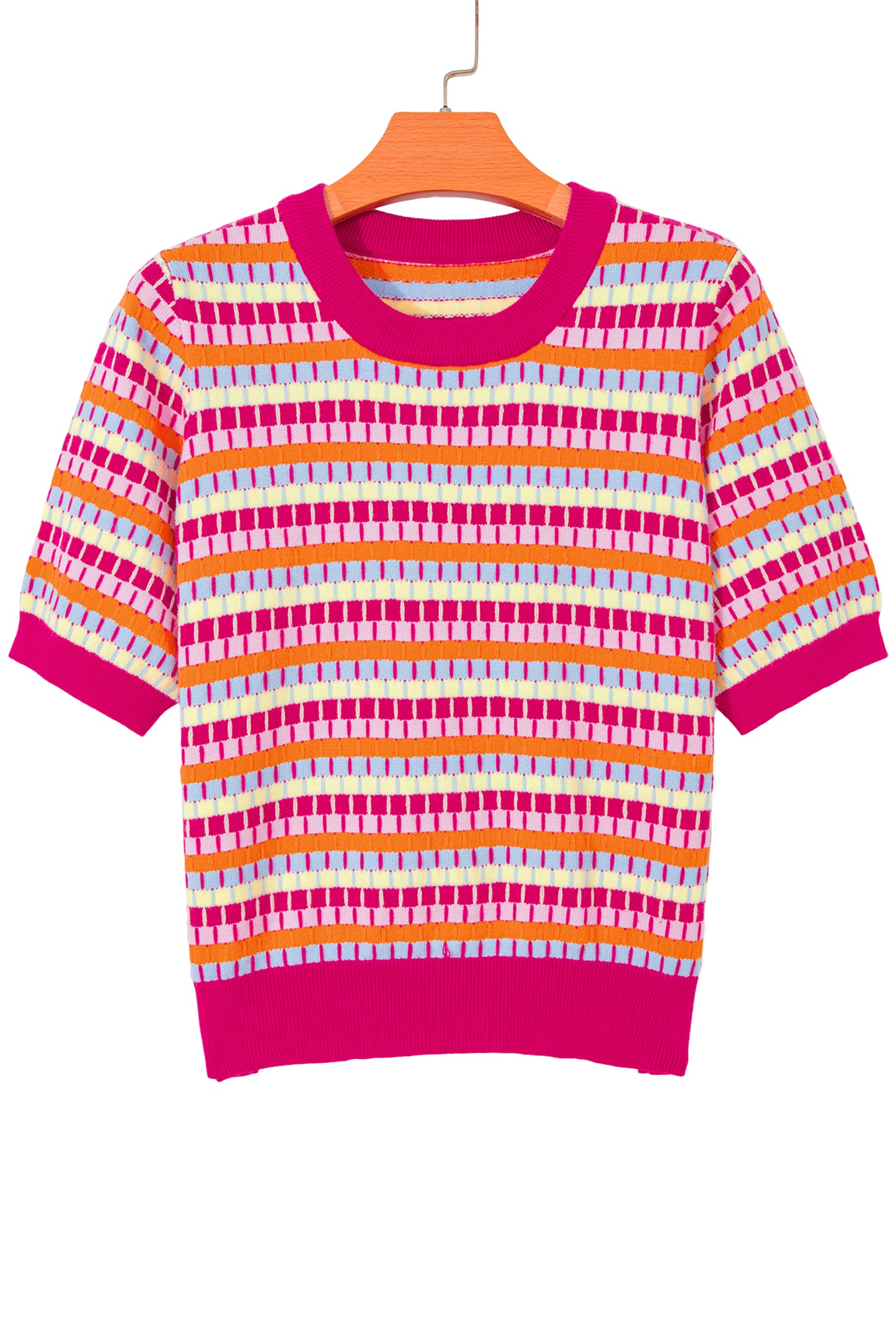 Orange Abstract Striped Knit Short Sleeve Sweater
