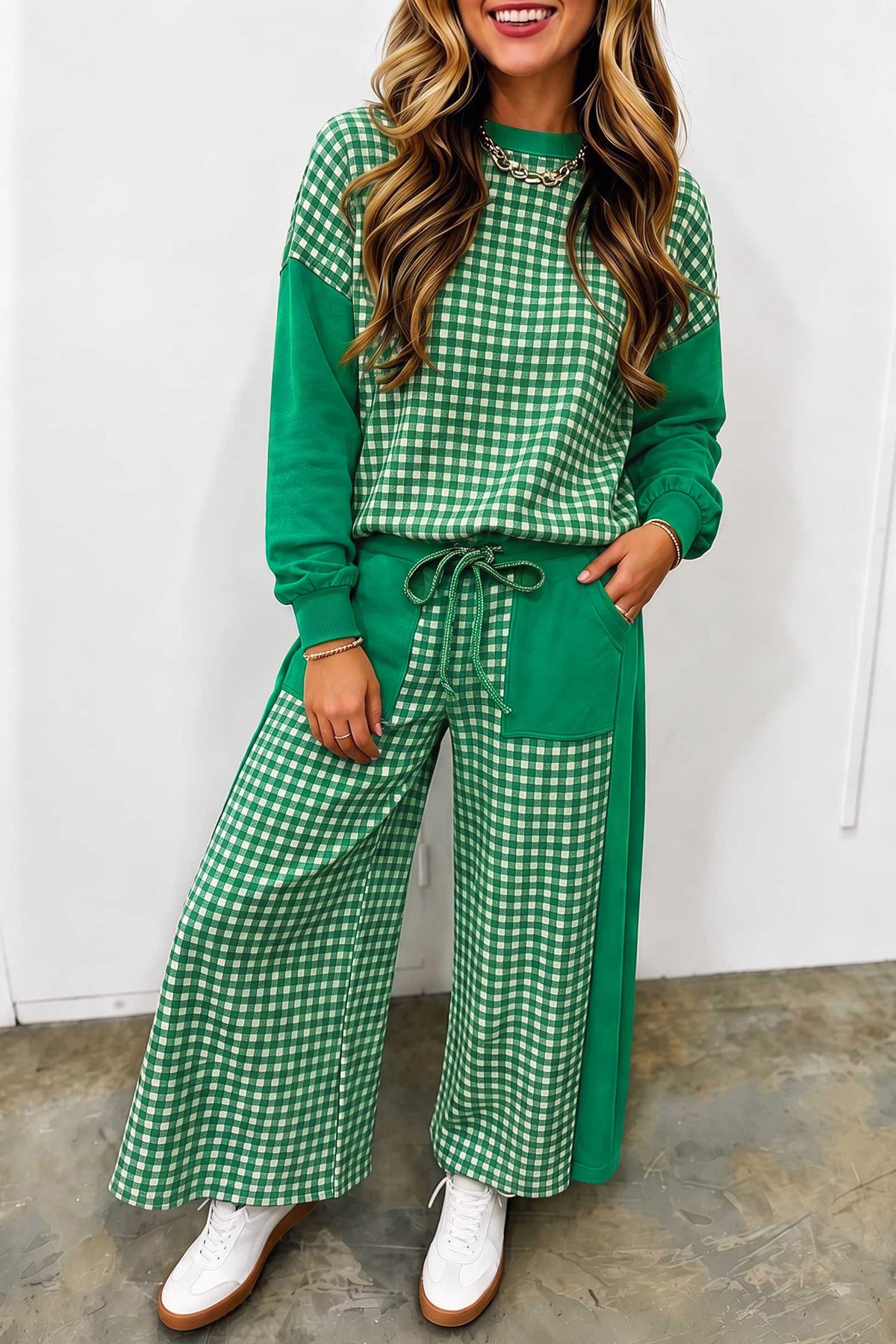 Khaki Color Block Plaid Patchwork Long Sleeve Pullover Wide Leg Pant Set