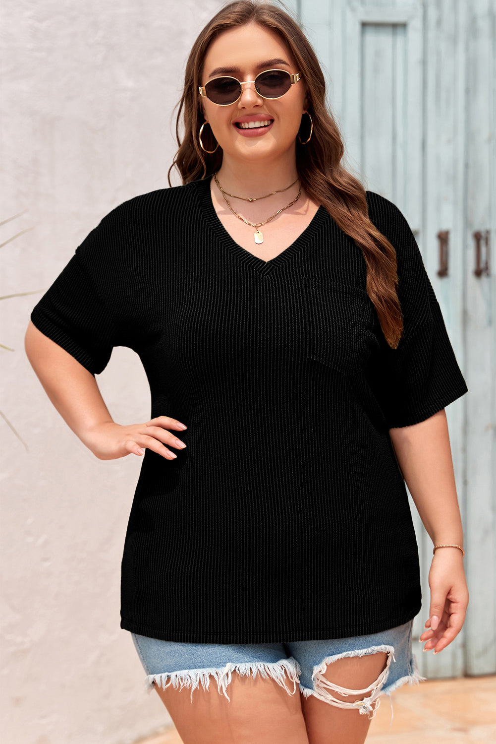 Valerian Textured V-Neck Dropped Shoulder Plus T-Shirt