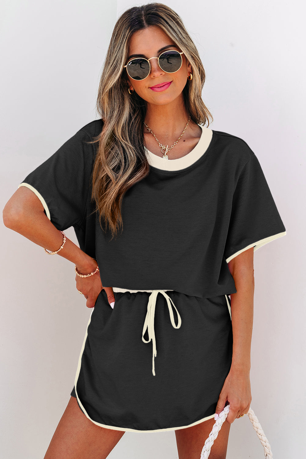 Turquoise Colorblock Edge Drop Shoulder T Shirt and Skort 2Pcs Set