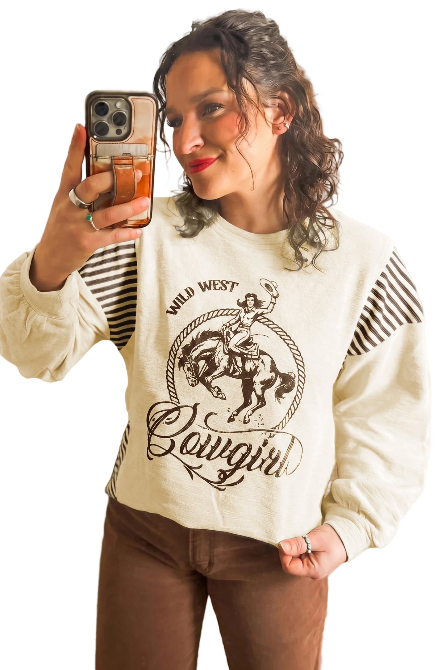 Jet Stream Western Print Striped Detail Long Sleeve Casual Top