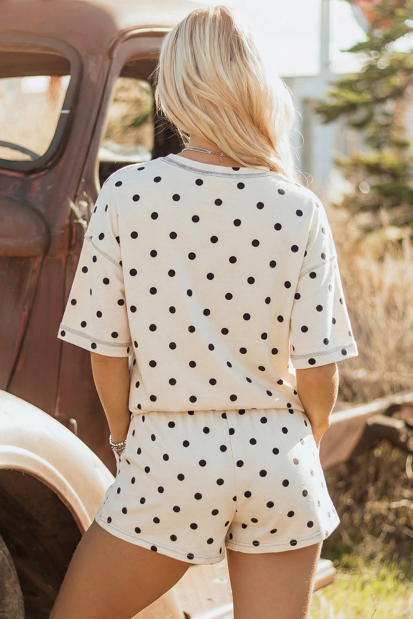 Pink Exposed Seam Detail Polka Dot Loose Tee Drawstring Shorts Set