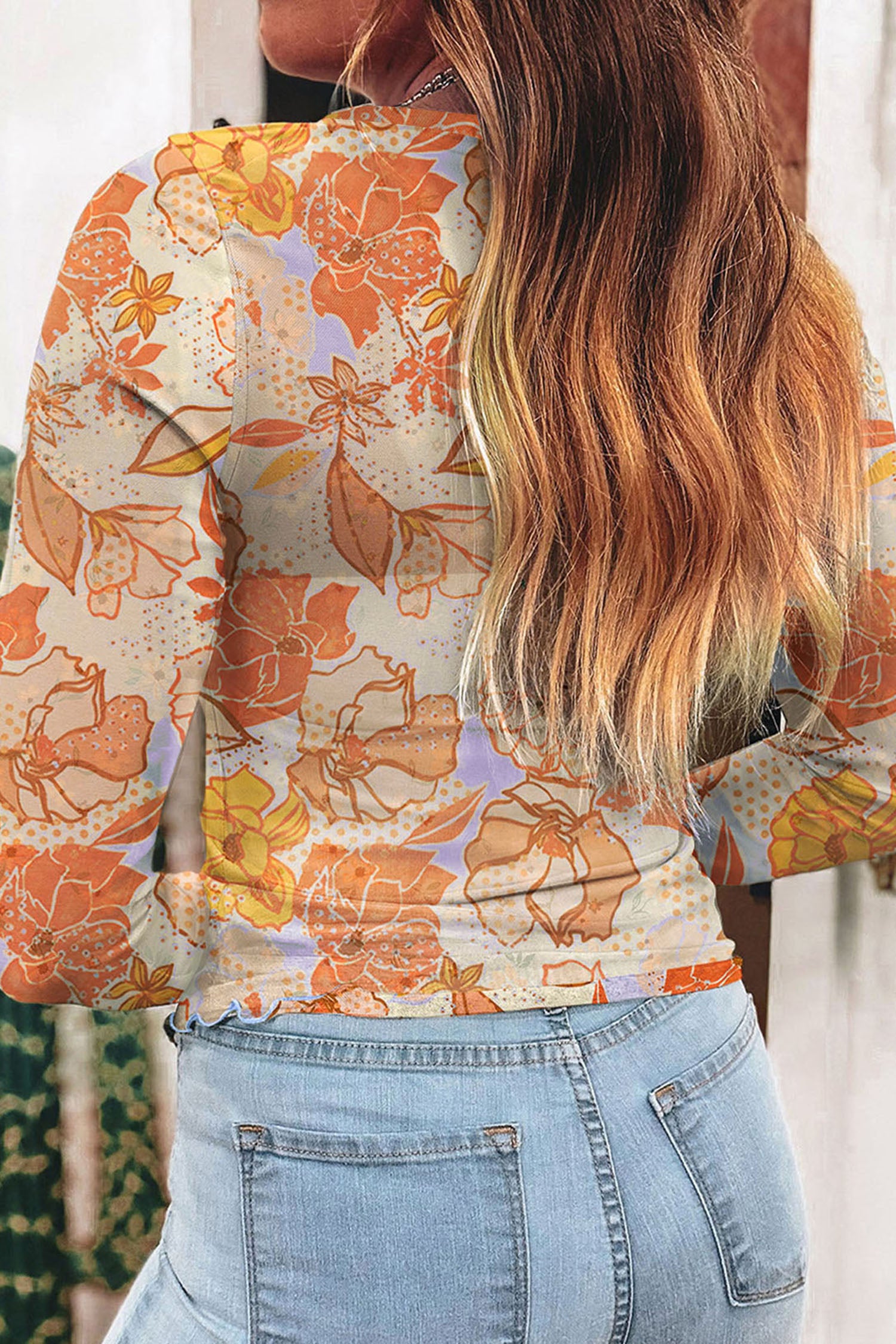 Multicolour Floral Print Lettuce Trim Slim Long Sleeve Top